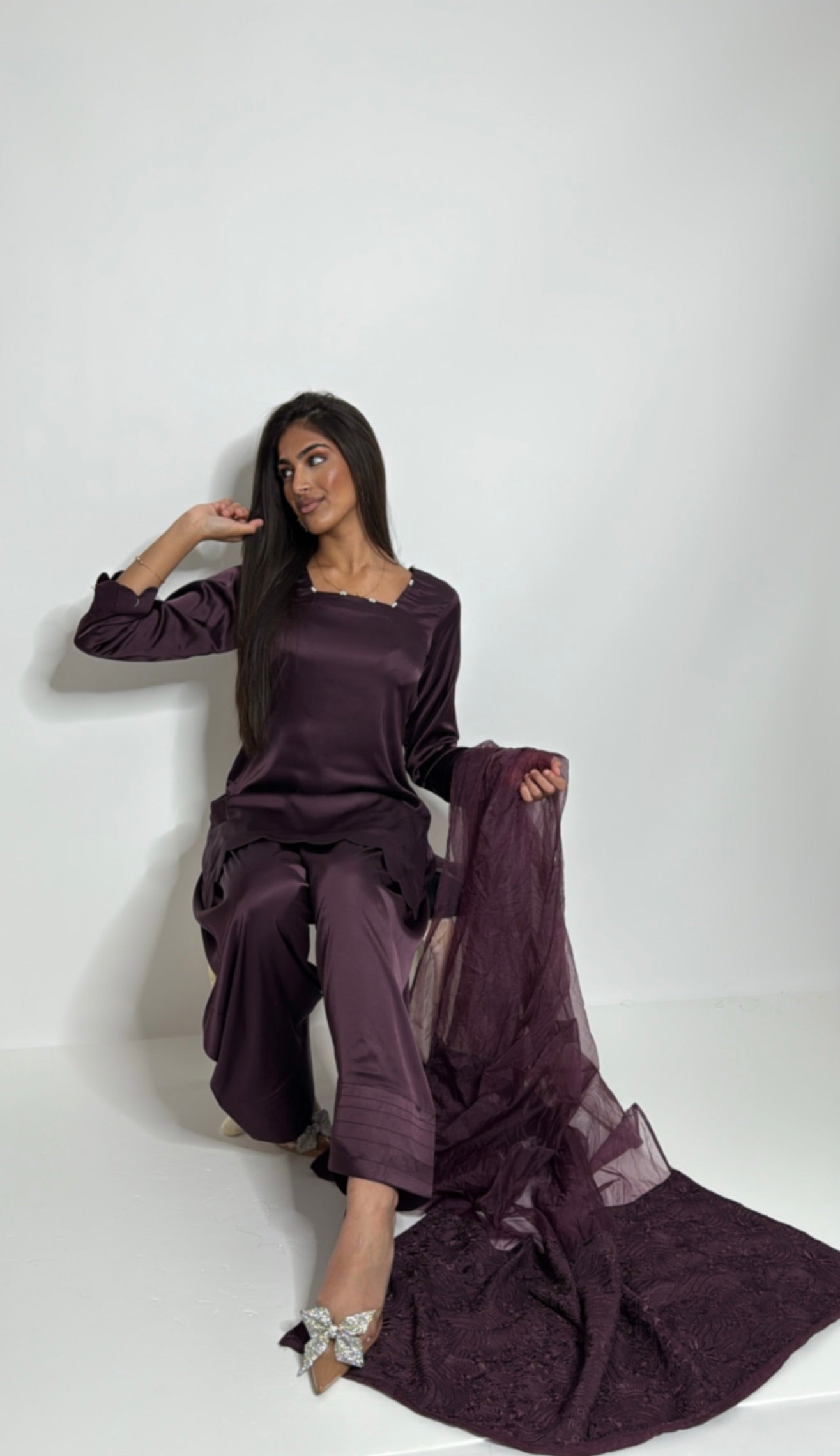 Veloura Plum | Silk Farshi Kameez Set (3 Piece)