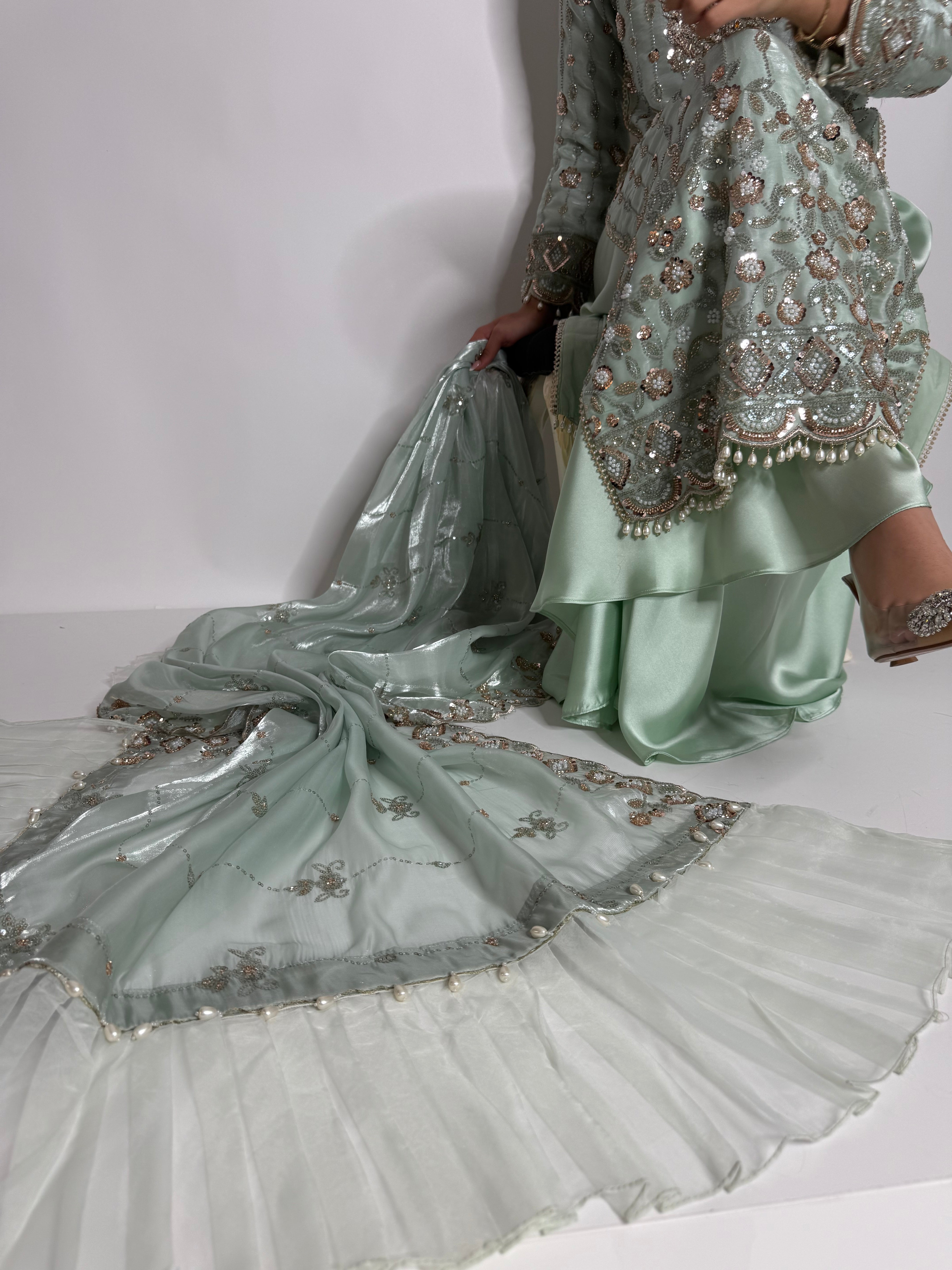 Parizay | Luxury Pakistani Mint Hand Embroidered Silk Sharara Suit UK | Eid, Wedding Guest & Party Wear