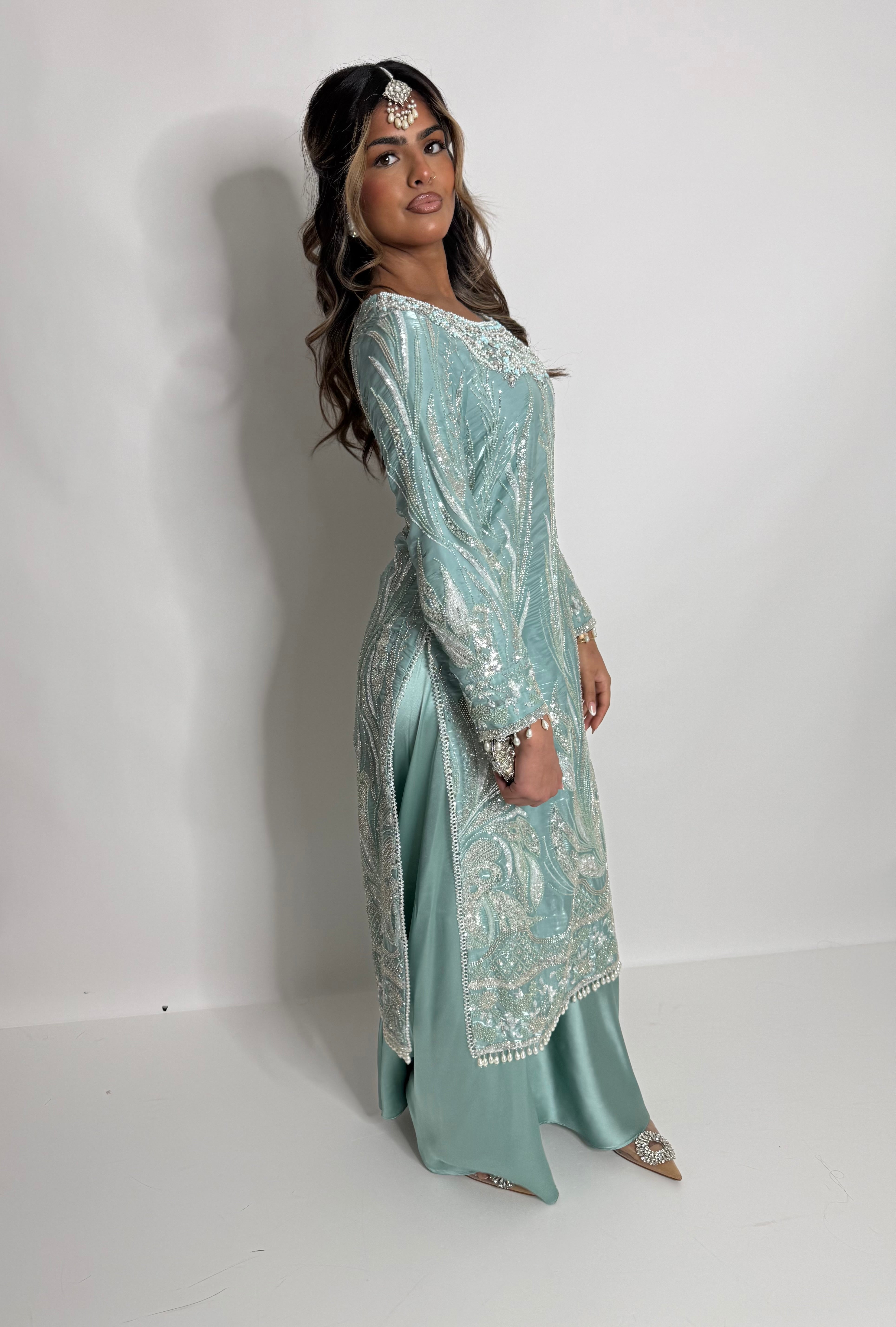 MINT SILK CUTDANA EMBROIDERED SHARARA SUIT UK | THE KAIA MIRETH
