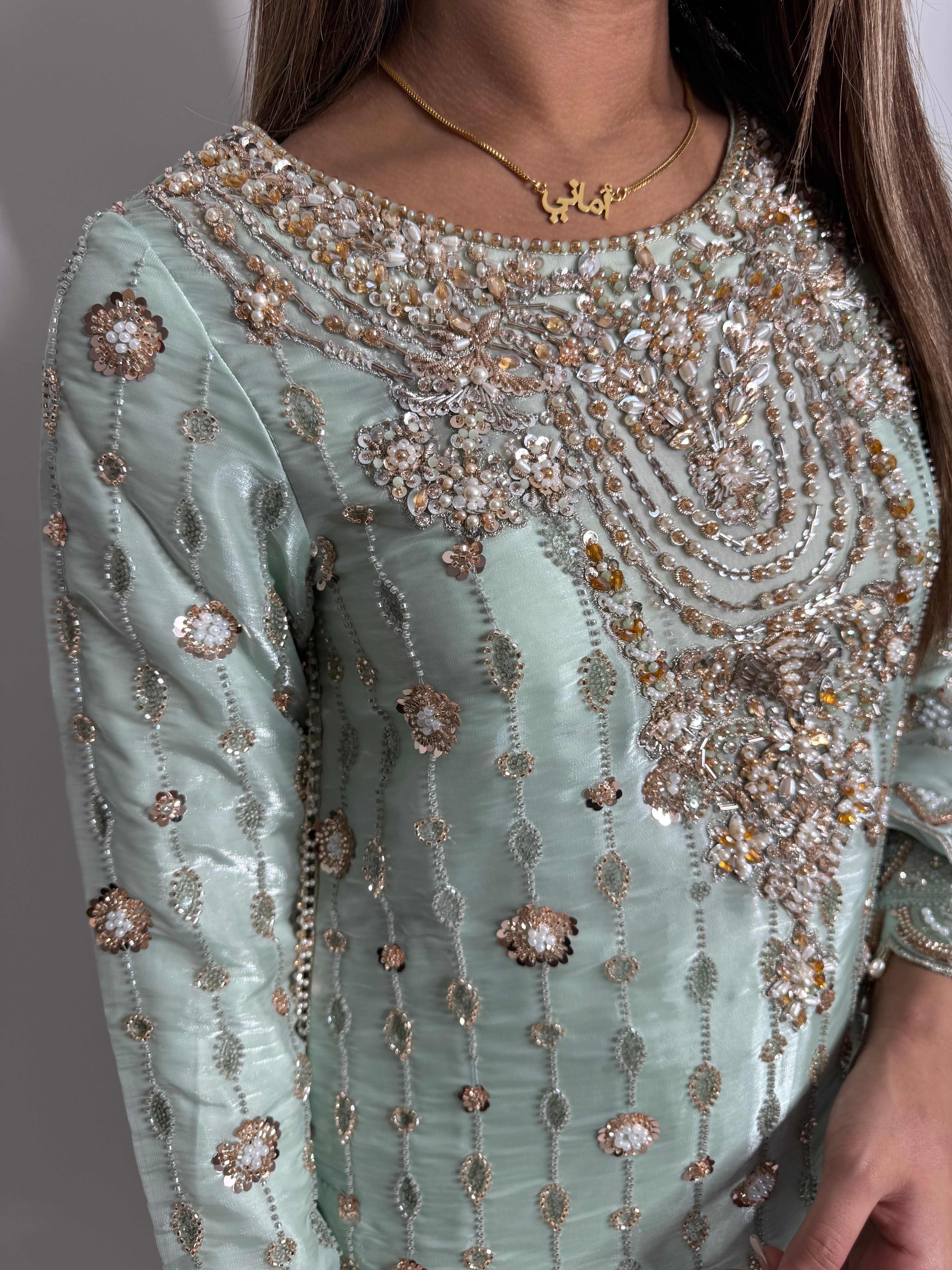 Parizay | Luxury Pakistani Mint Hand Embroidered Silk Sharara Suit UK | Eid, Wedding Guest & Party Wear