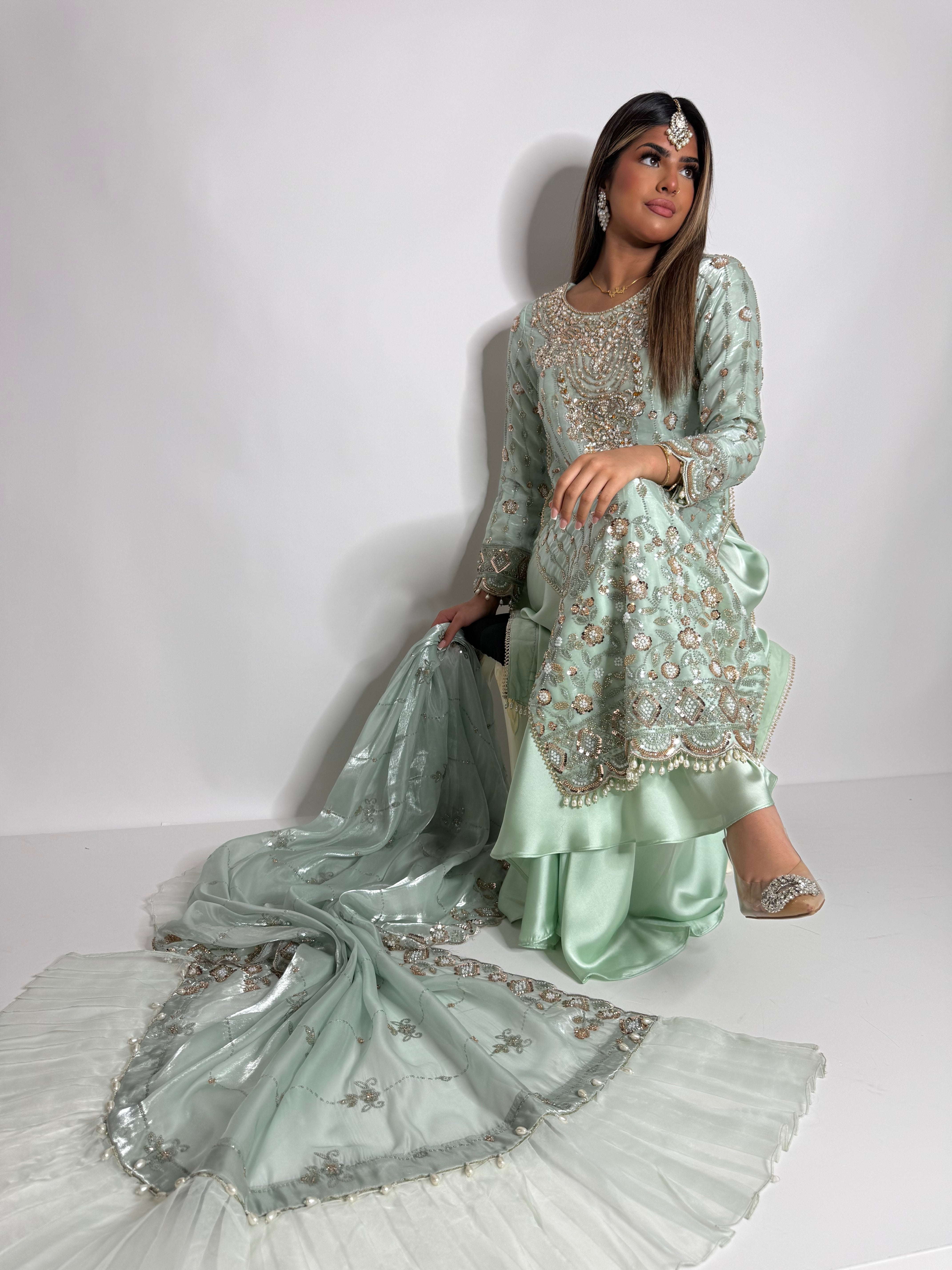 Parizay | Luxury Pakistani Mint Hand Embroidered Silk Sharara Suit UK | Eid, Wedding Guest & Party Wear