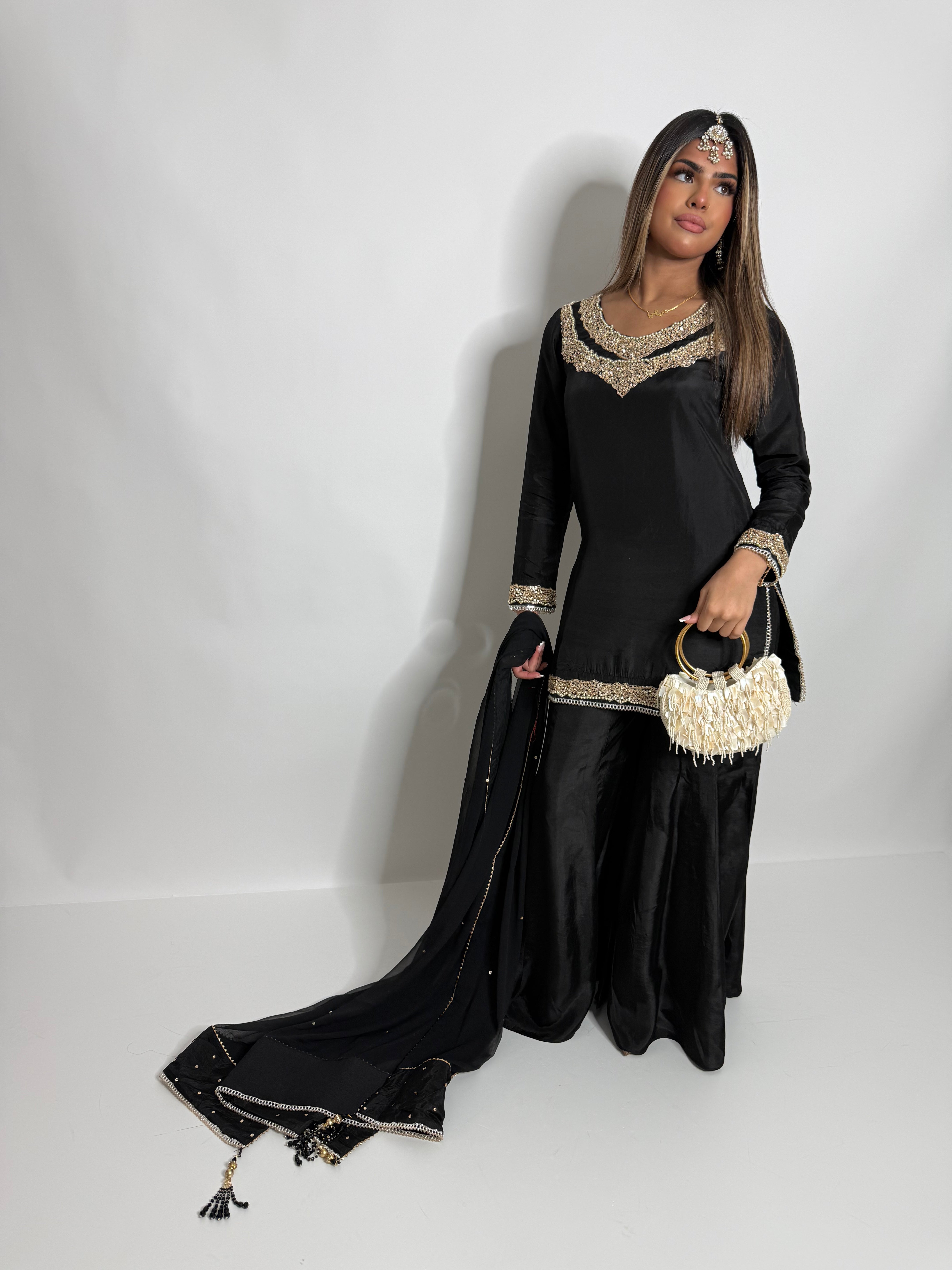 BLACK SILK SHARARA SUIT UK | THE KAIA NOIRE