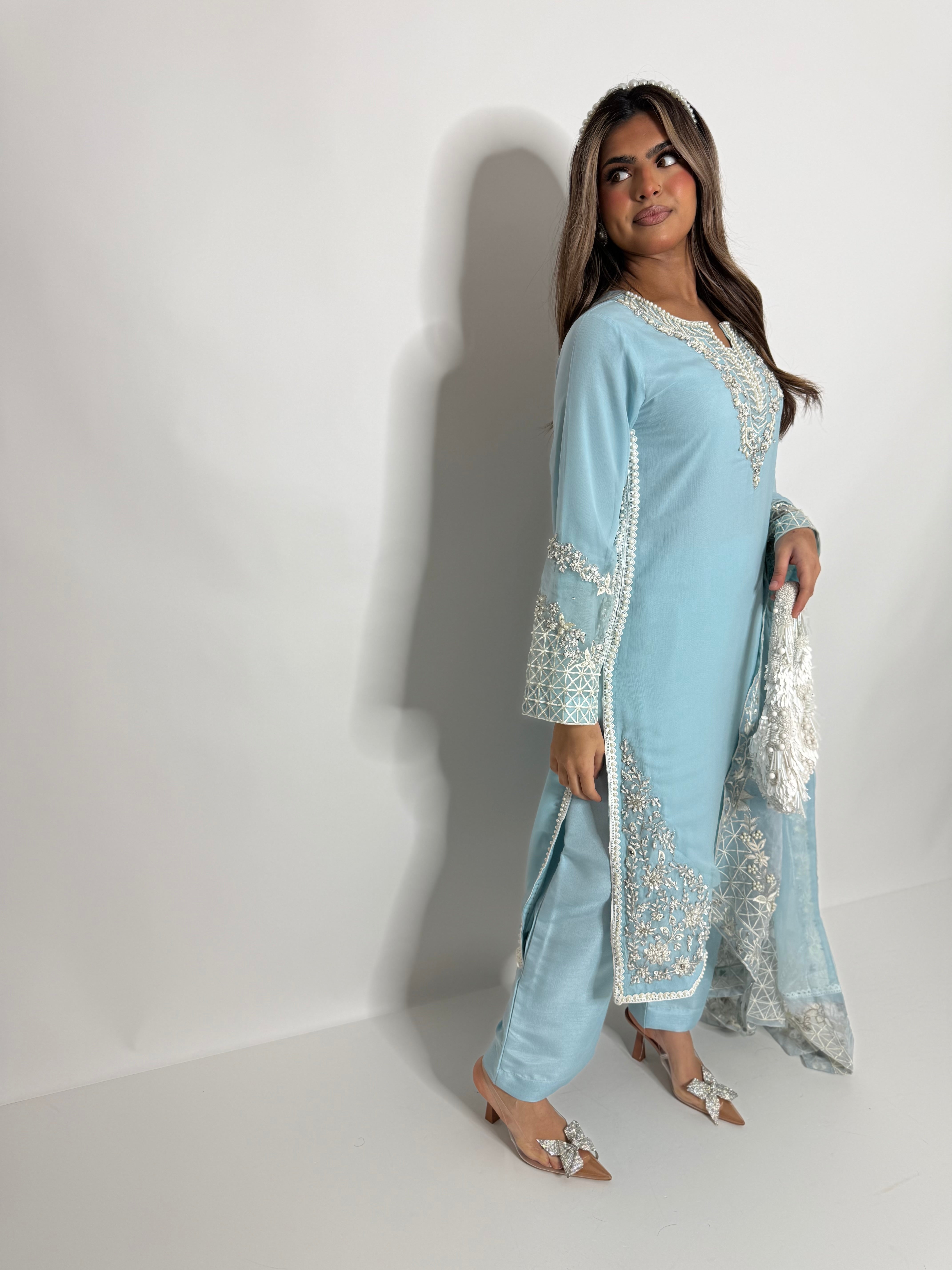 CELESTIAL BLUE CHIFFON THREE PIECE SUIT UK | THE ALARISSE