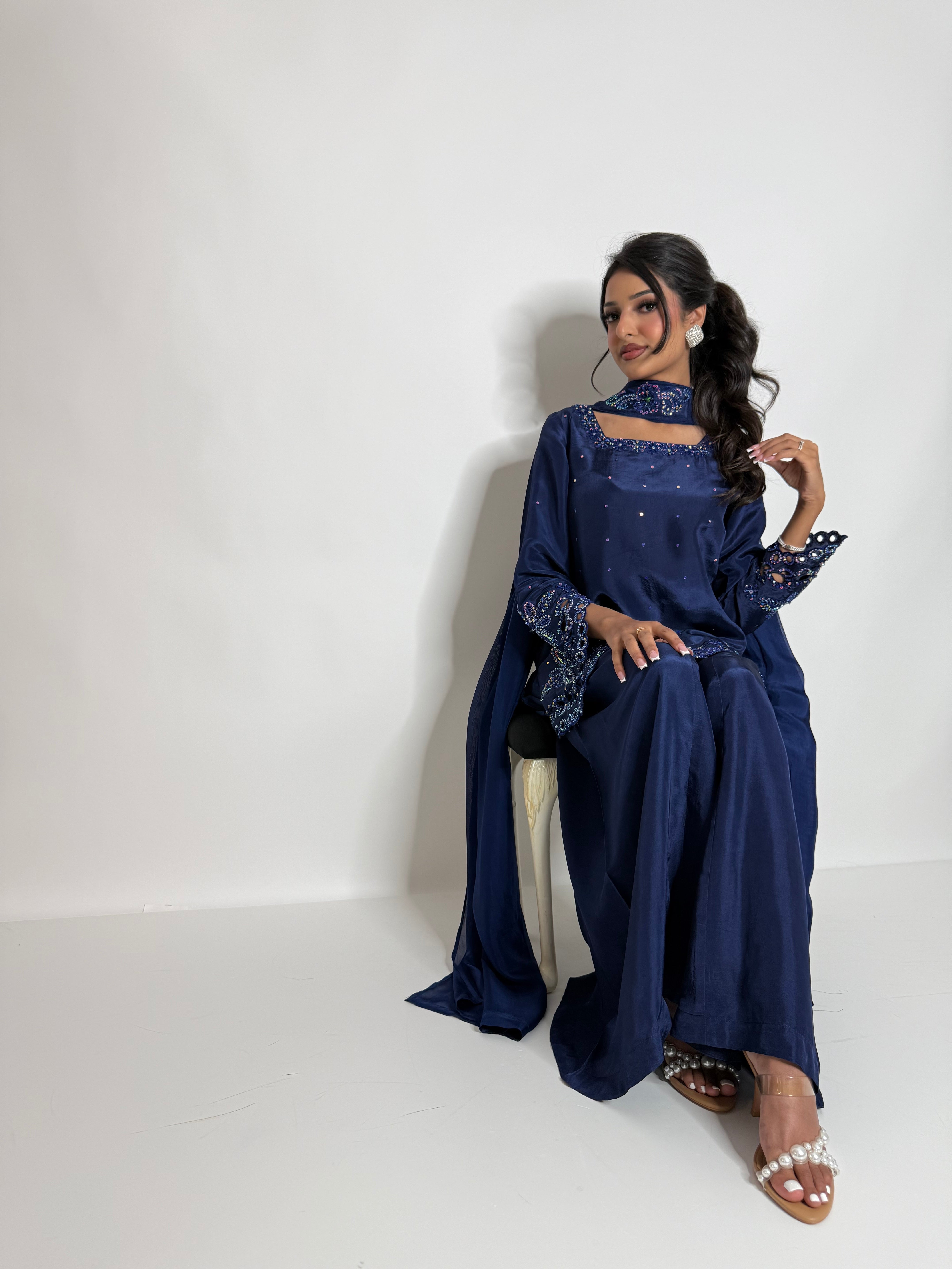 ZARMINA | Luxury Pakistani Navy Silk Sharara Suit UK | Wedding Guest, Eid & Formal Occasion Wear