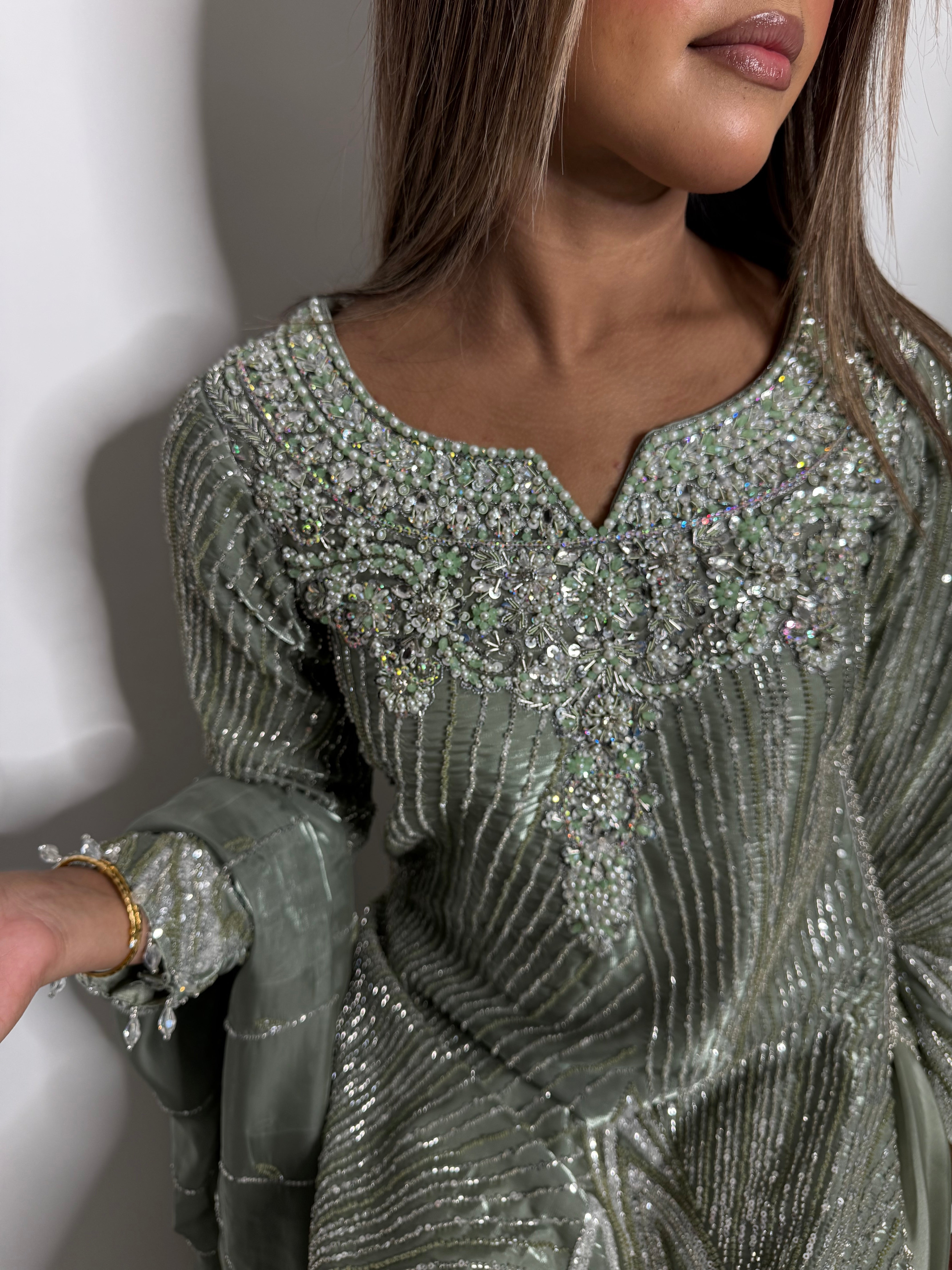 Sage Green Cutdana Silk Sharara Suit UK | The Maelis