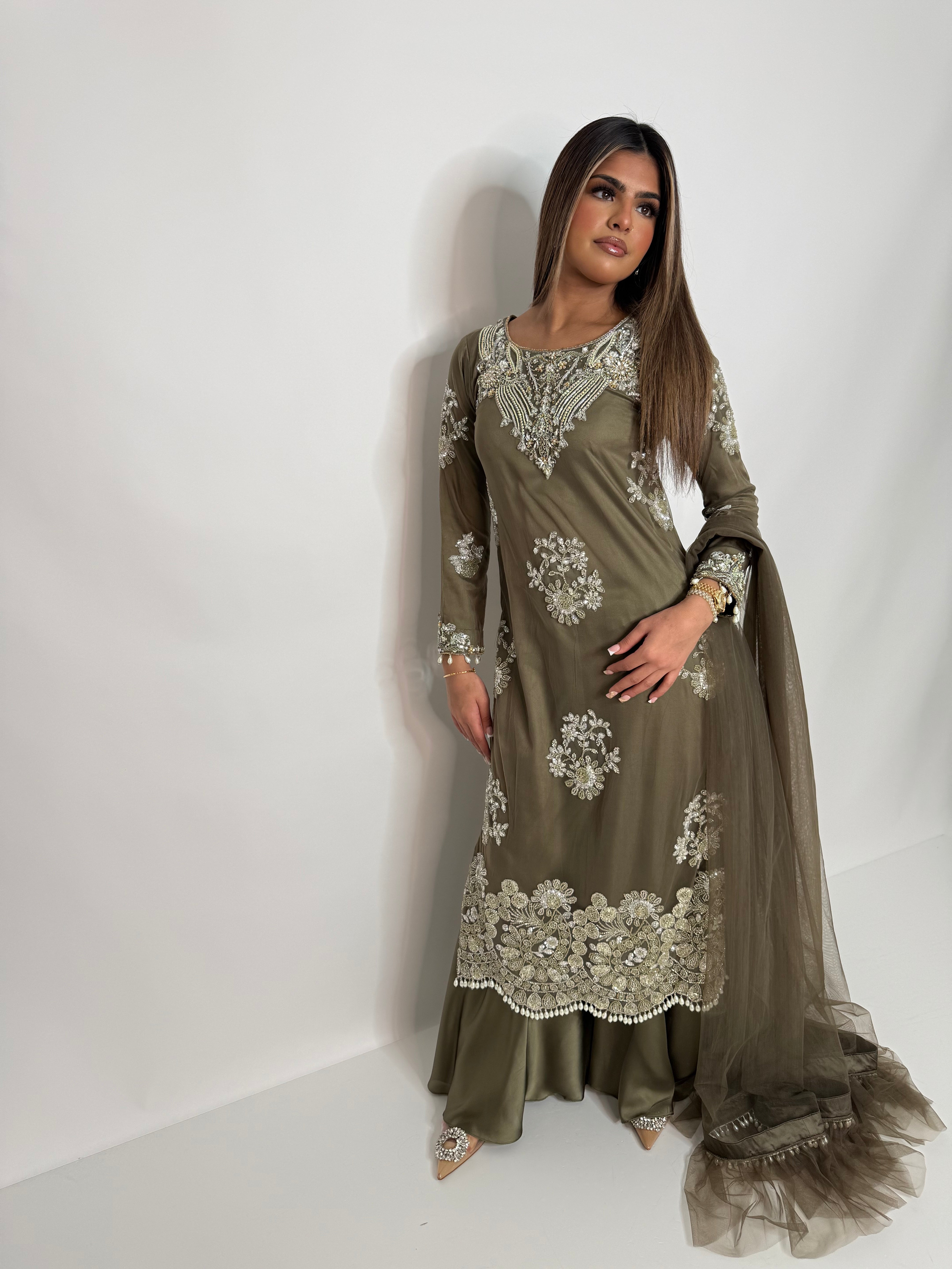 Olive Luxe Embroidered Sharara Suit UK | The Arlisse
