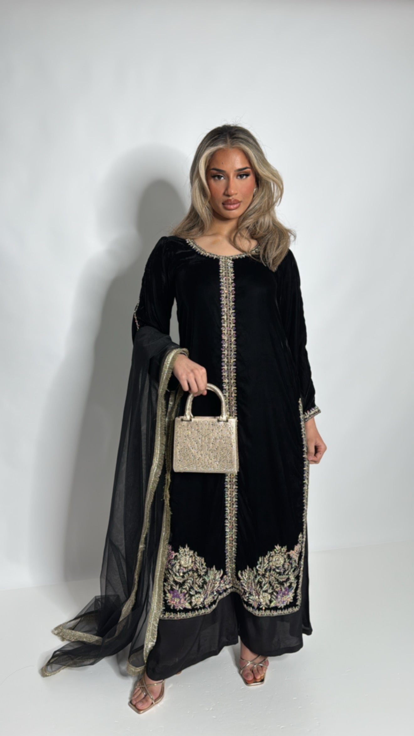 Black Velvet Embroidered Three Piece Suit UK | Midnight Zareen