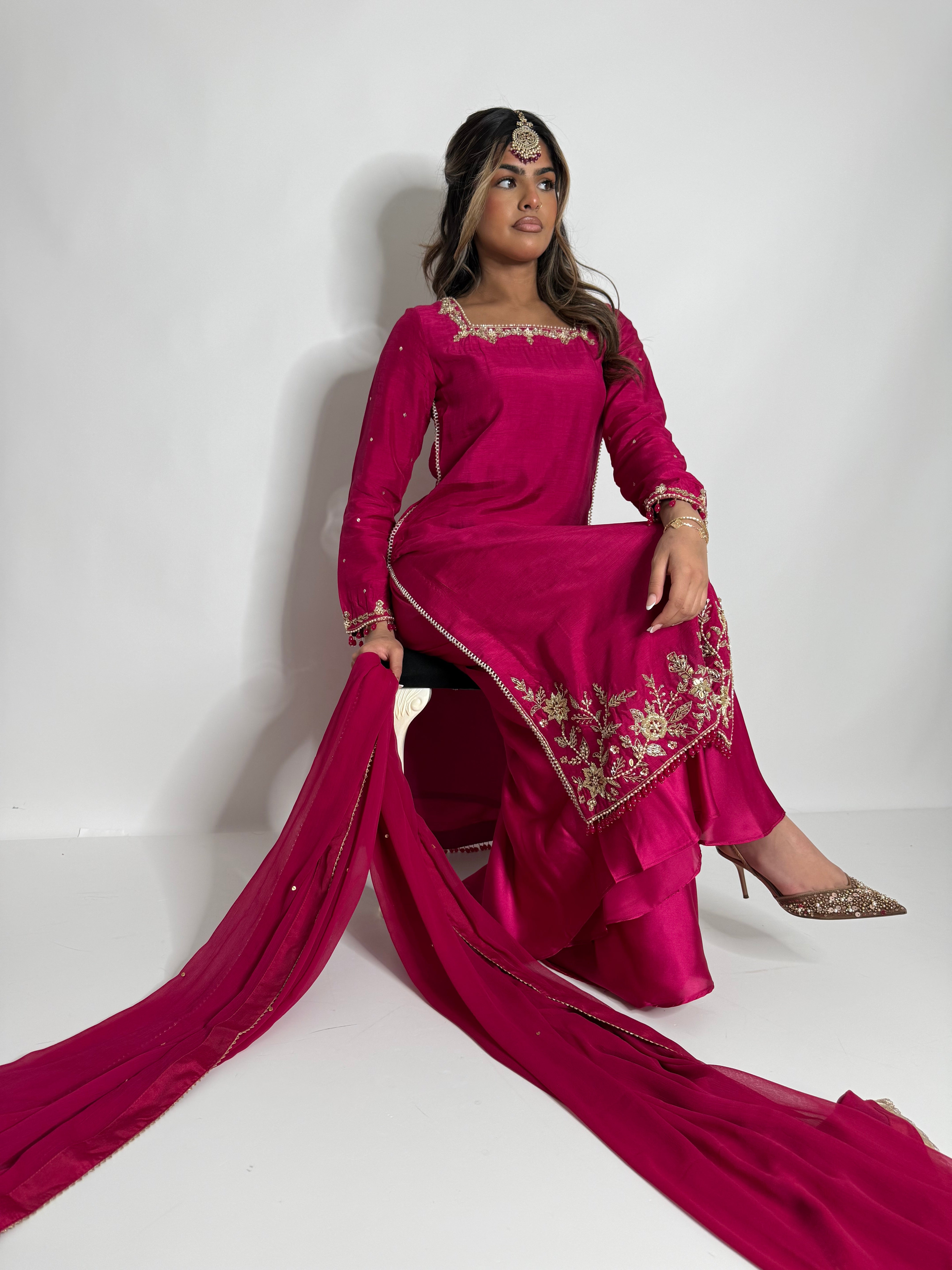 HOT PINK RAW SILK SHARARA SUIT UK | THE ZEPHYRA ROSE