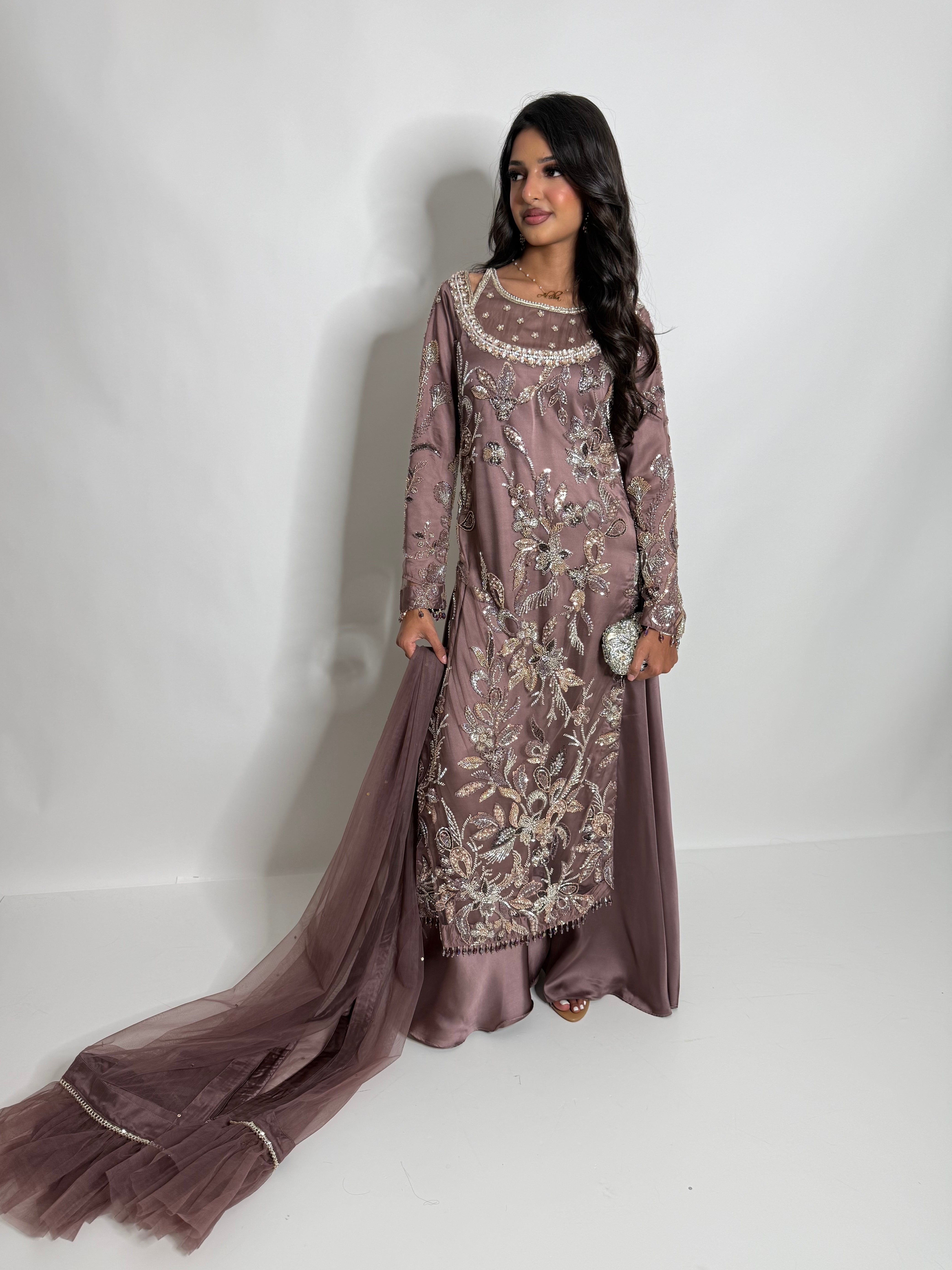 Noorzeba | Luxury Pakistani Cutdana Hand Embroidered Silk Sharara Suit UK | Wedding Guest, Eid & Party Wear