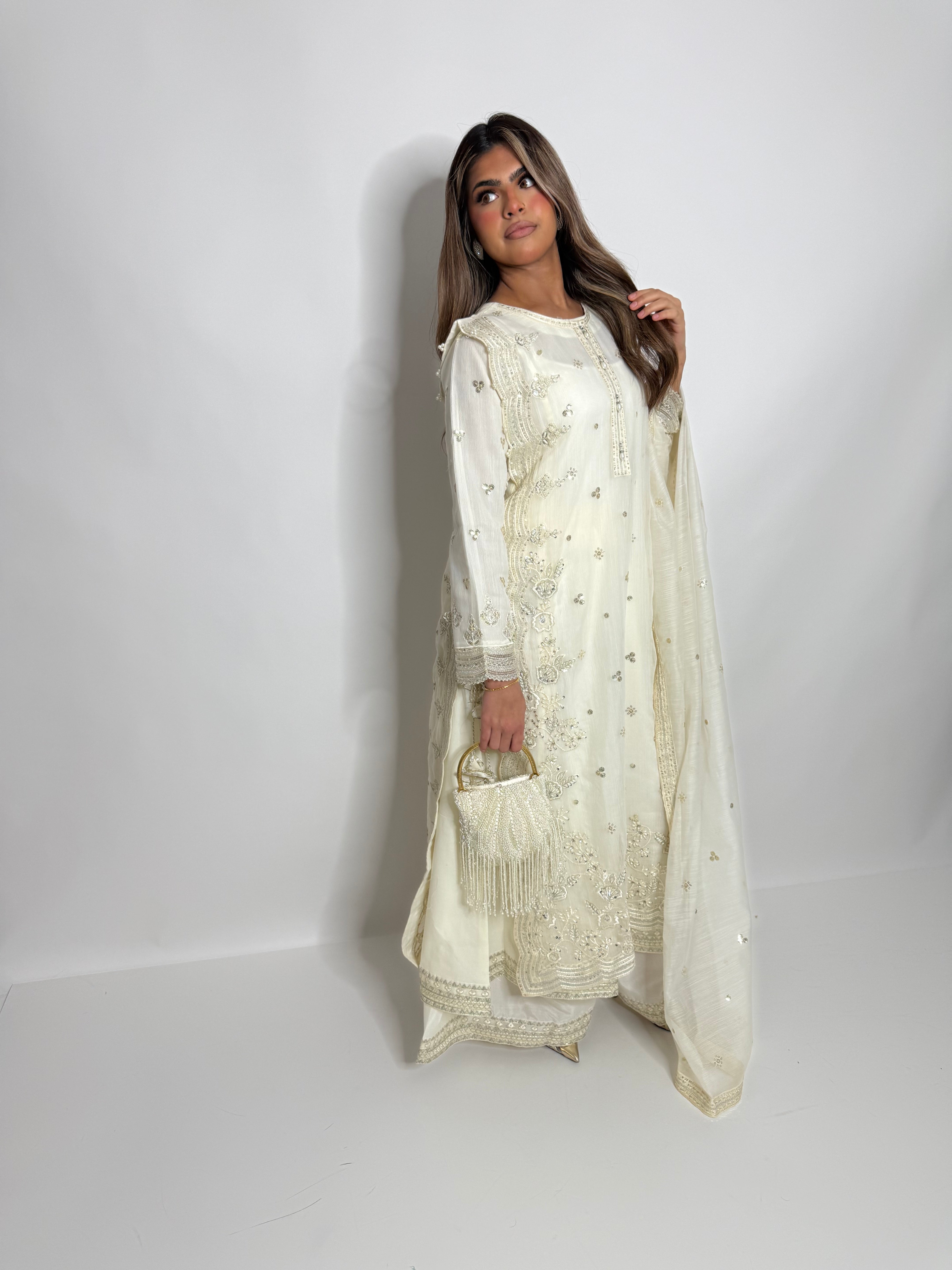 IVORY KHADI NET EMBROIDERED THREE PIECE SUIT UK | THE LYSANDRA