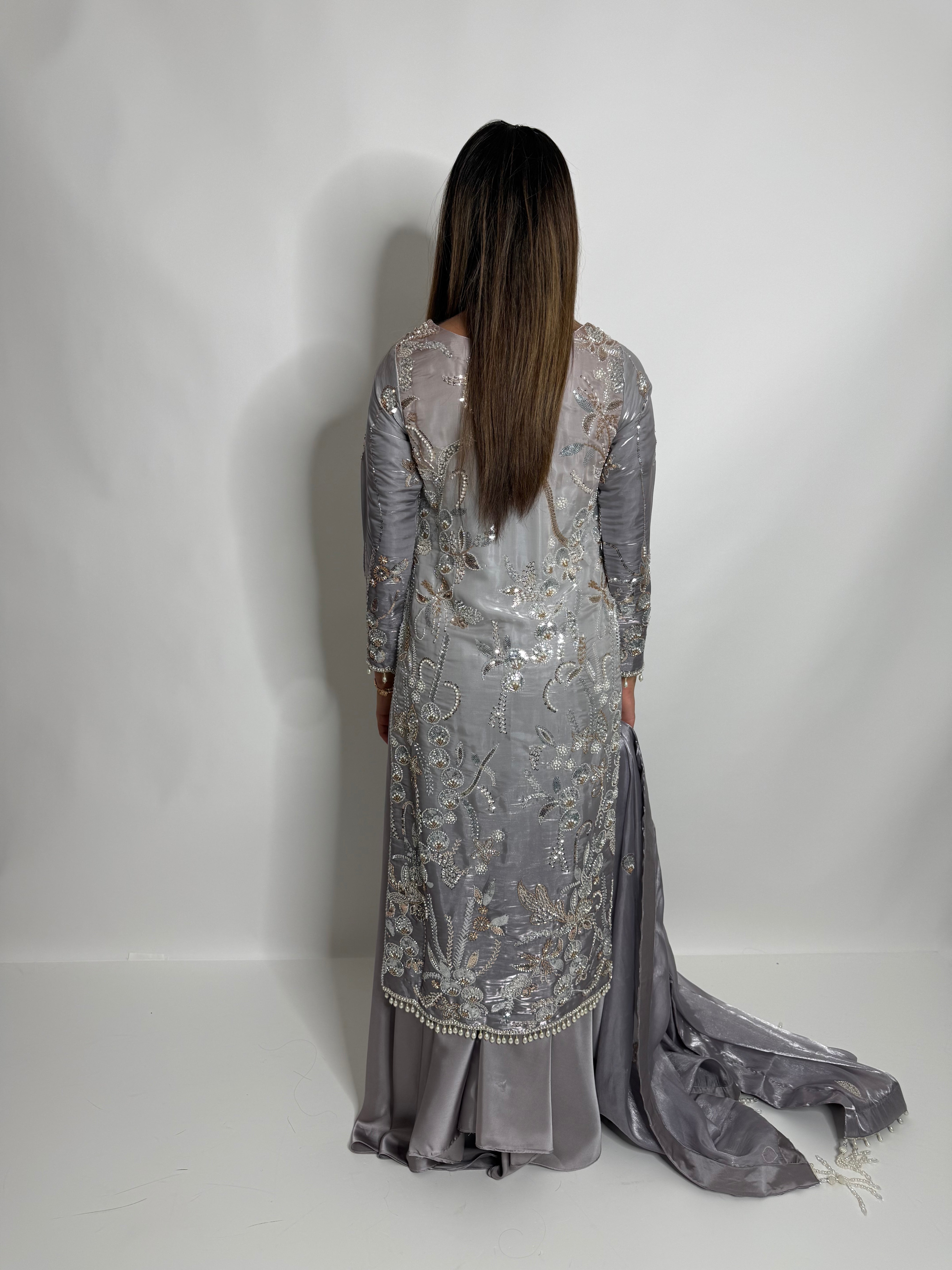 FALAK ARA | LUXURY PAKISTANI SOFT LAVENDER HAND EMBROIDERED SILK SHARARA SUIT UK | WEDDING GUEST, EID & PARTY WEAR