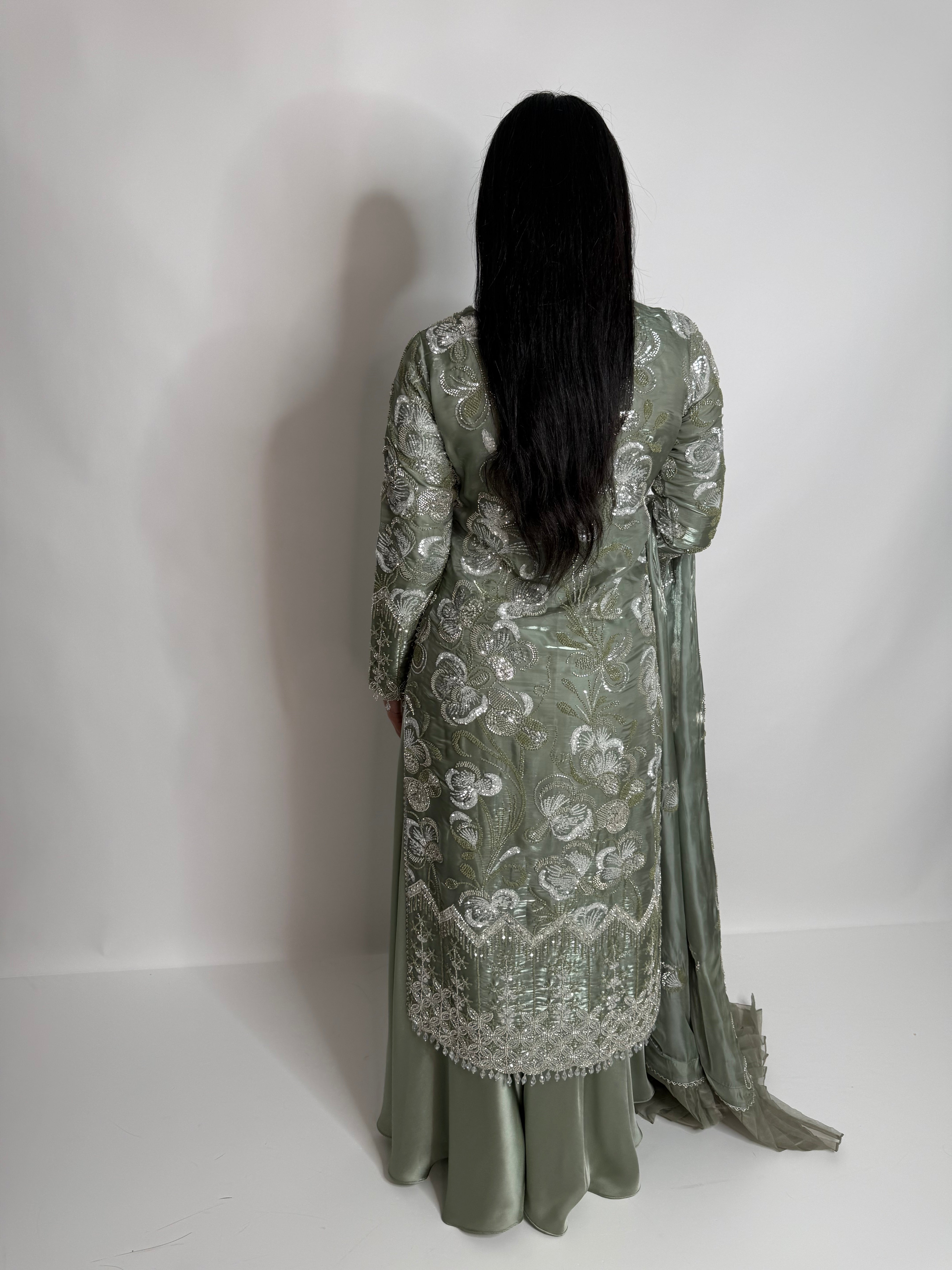 SAGE GREEN SILK CUTDANA THREE PIECE SUIT UK | THE LYSENNE