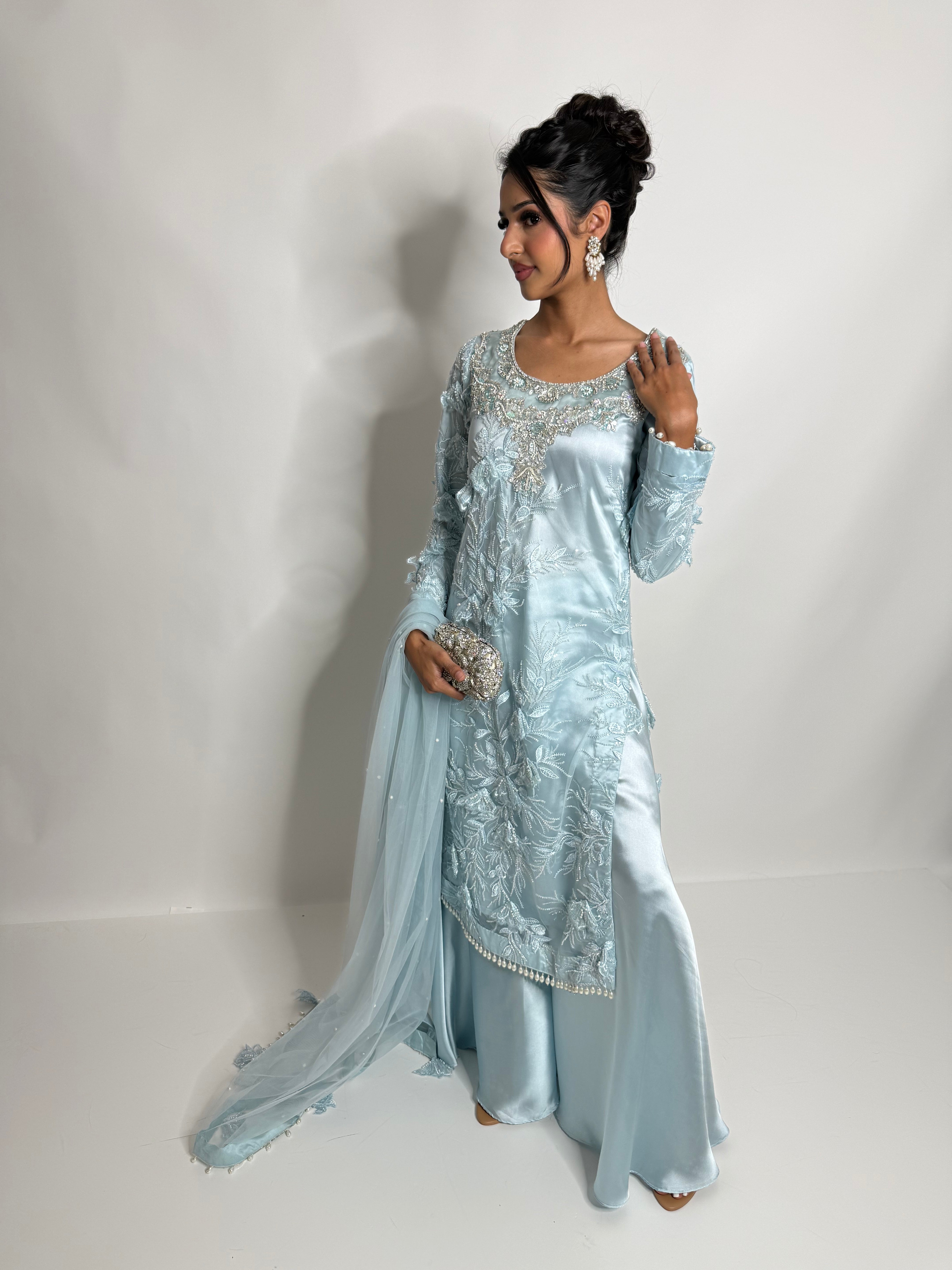 Azurielle | Luxury Pakistani Ice Blue Silk Sharara Suit UK | Wedding Guest & Eid Occasion Wear