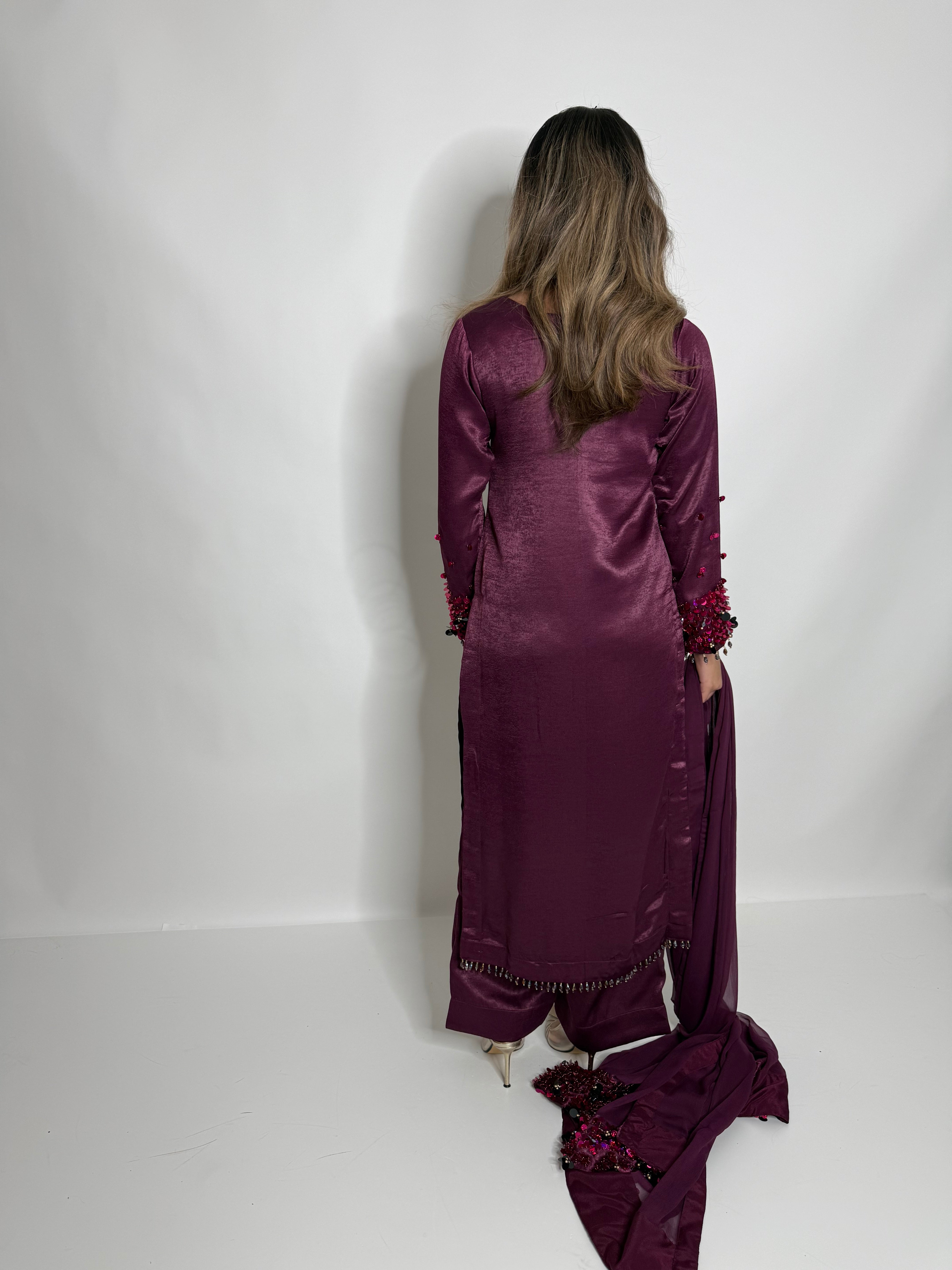 PLUM SILK THREE PIECE SUIT UK | THE MAHIRA VÉLOUR