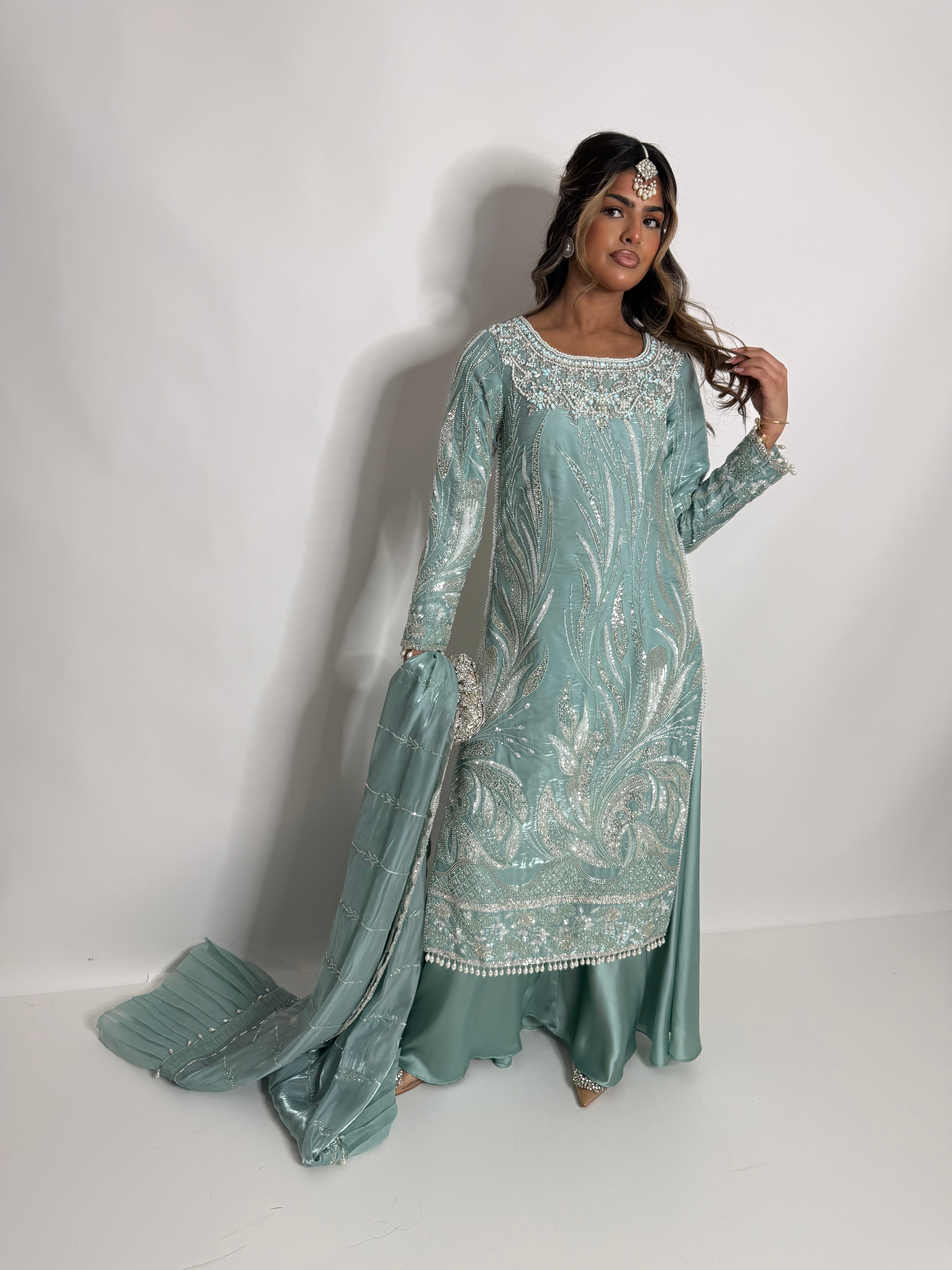 MINT SILK CUTDANA EMBROIDERED SHARARA SUIT UK | THE KAIA MIRETH