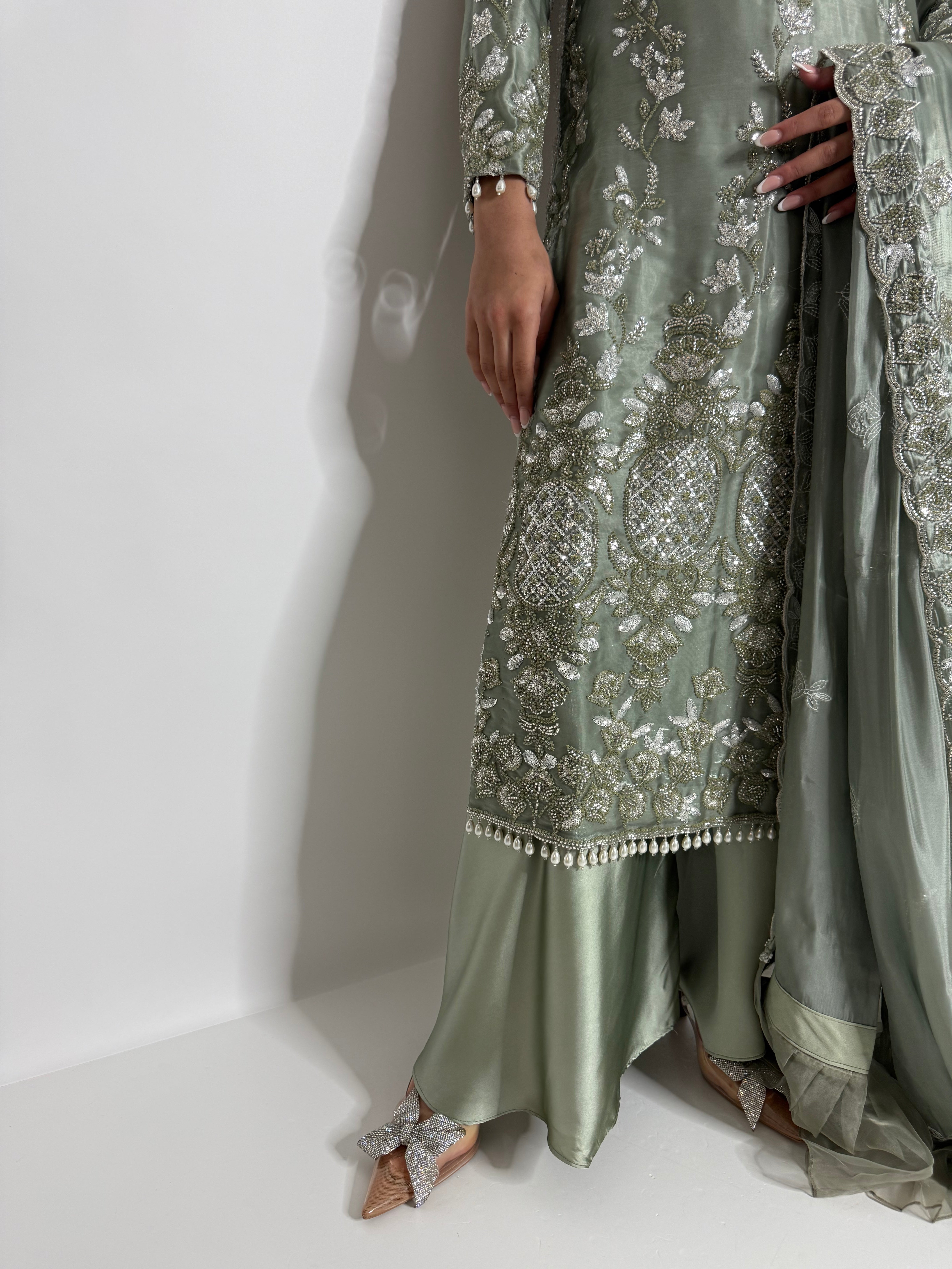 SAGE SILK EMBROIDERED THREE PIECE SUIT UK | THE ELYSIA VERDELLE