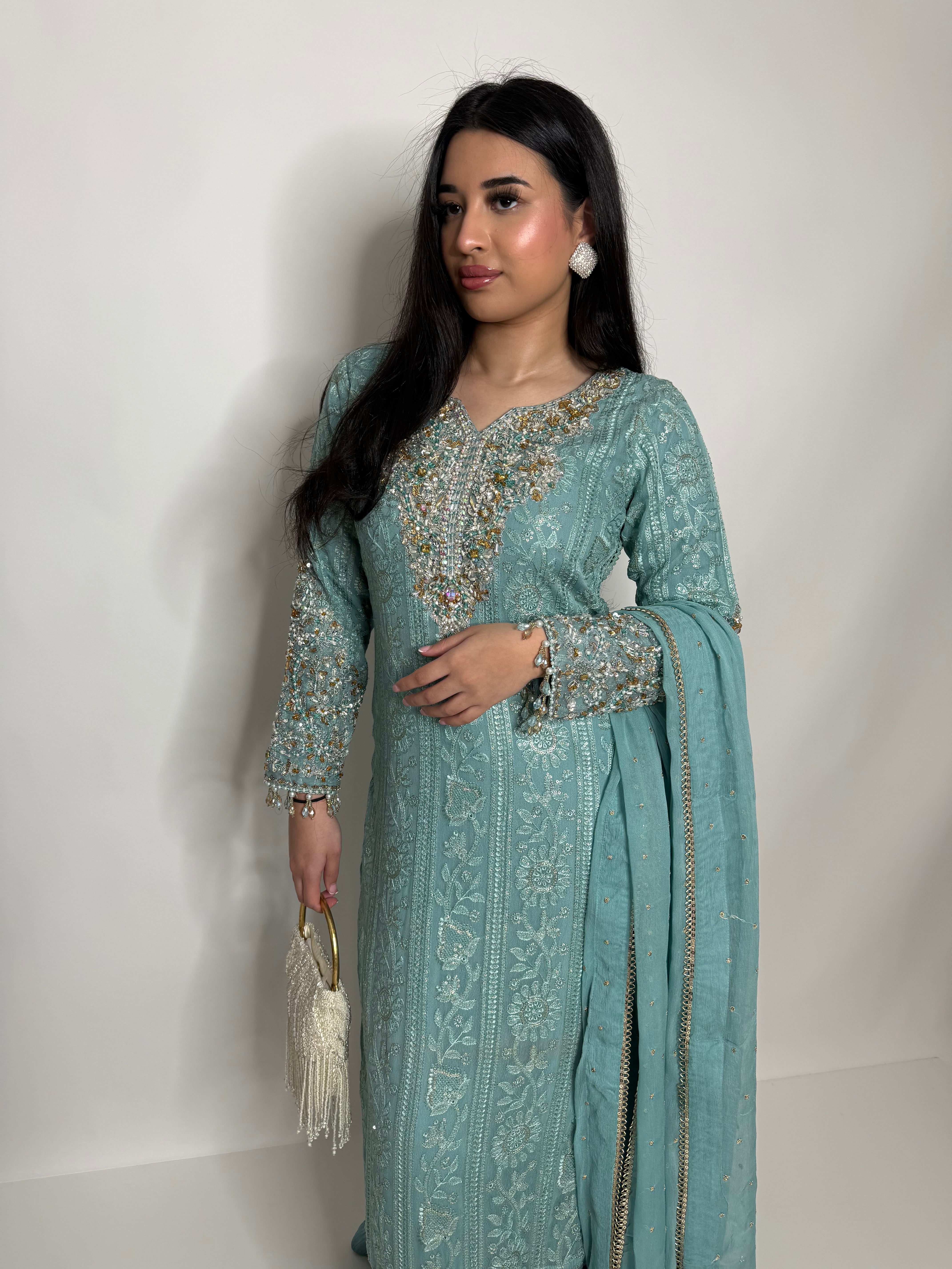 MINT GREEN CHIKANKARI SHARARA THREE PIECE SUIT UK | THE AZMIRA
