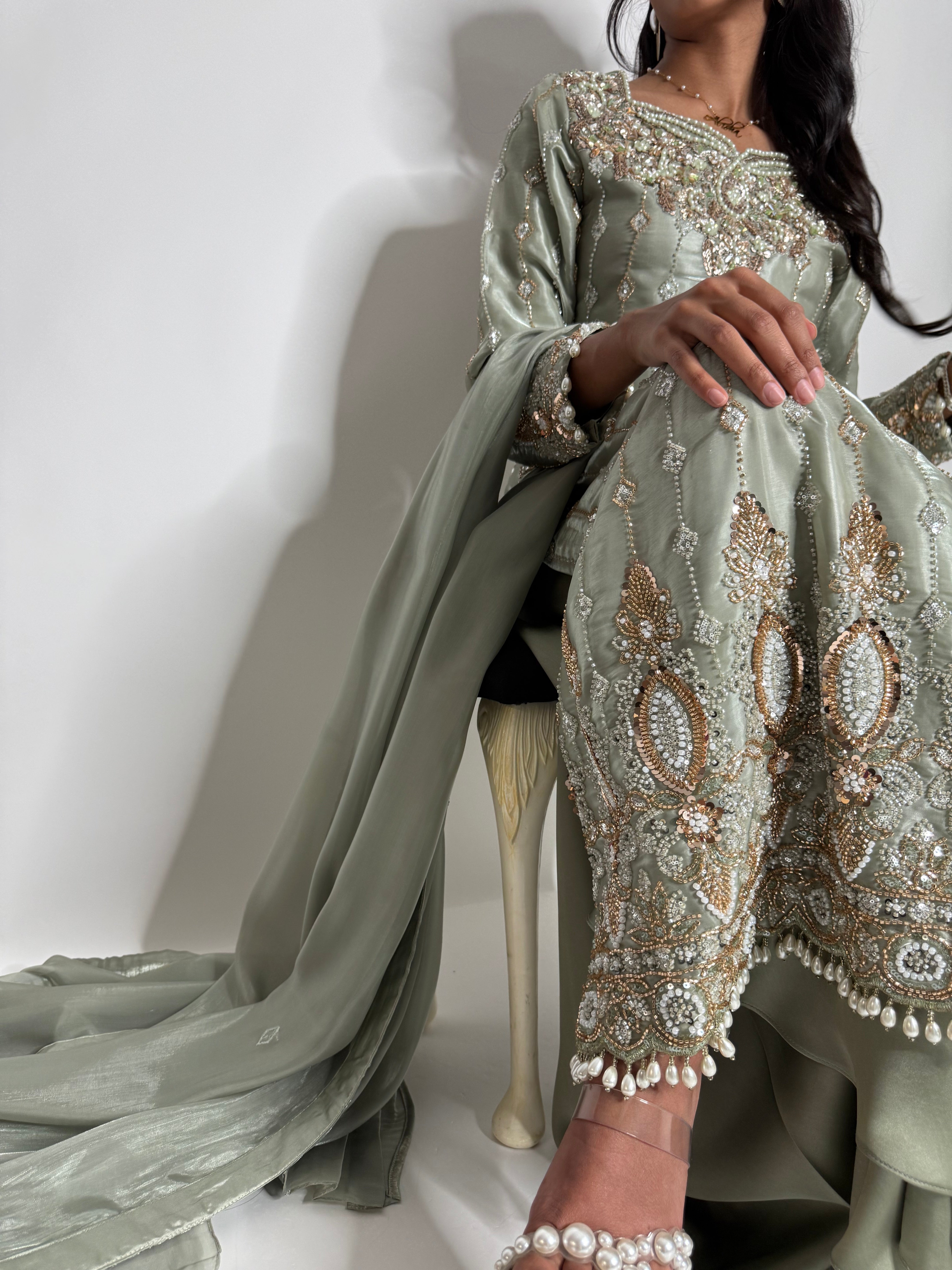 MAHZABIN | Sage Silk Sharara with Cutdana Embroidery