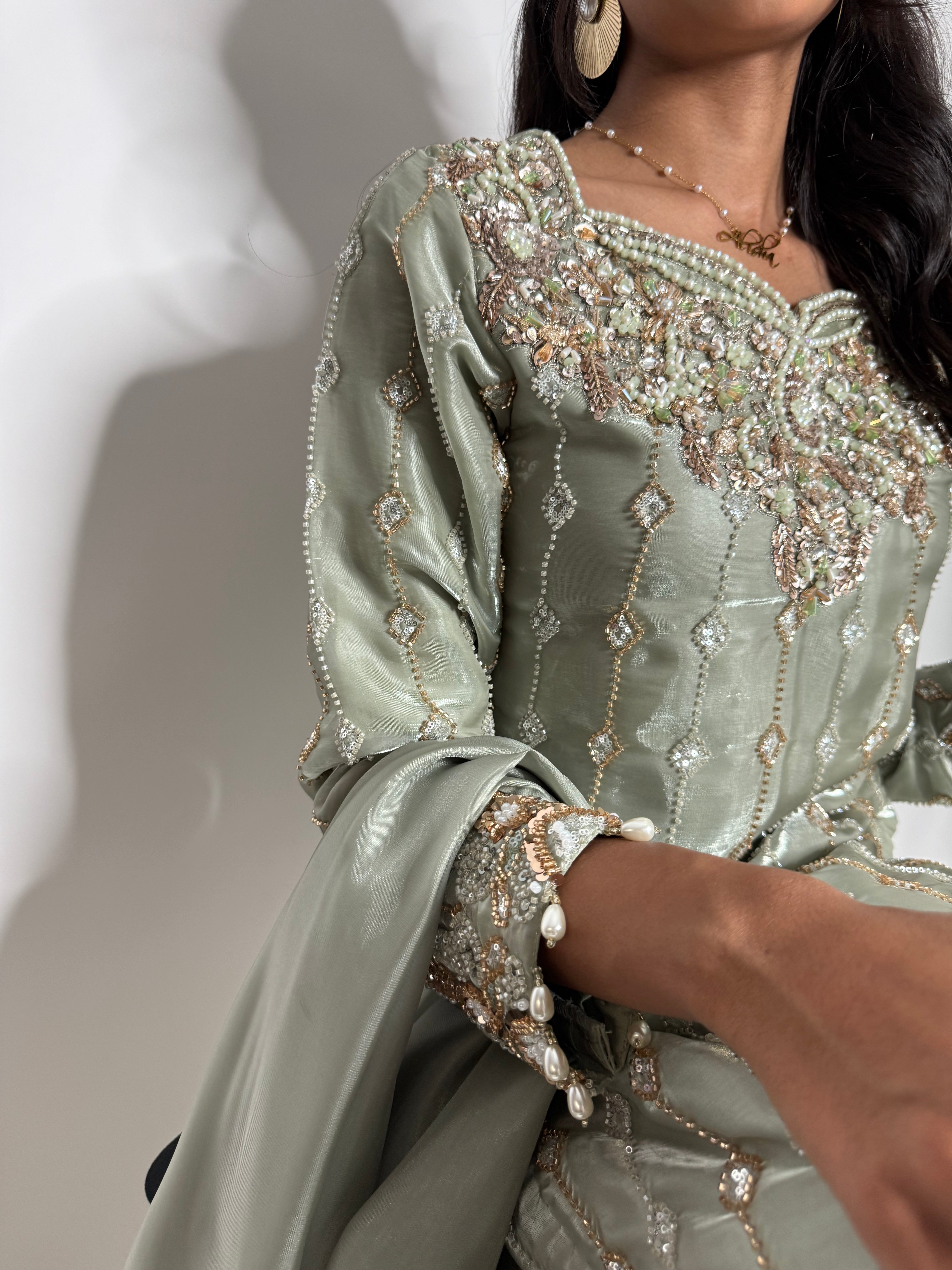 MAHZABIN | Sage Silk Sharara with Cutdana Embroidery