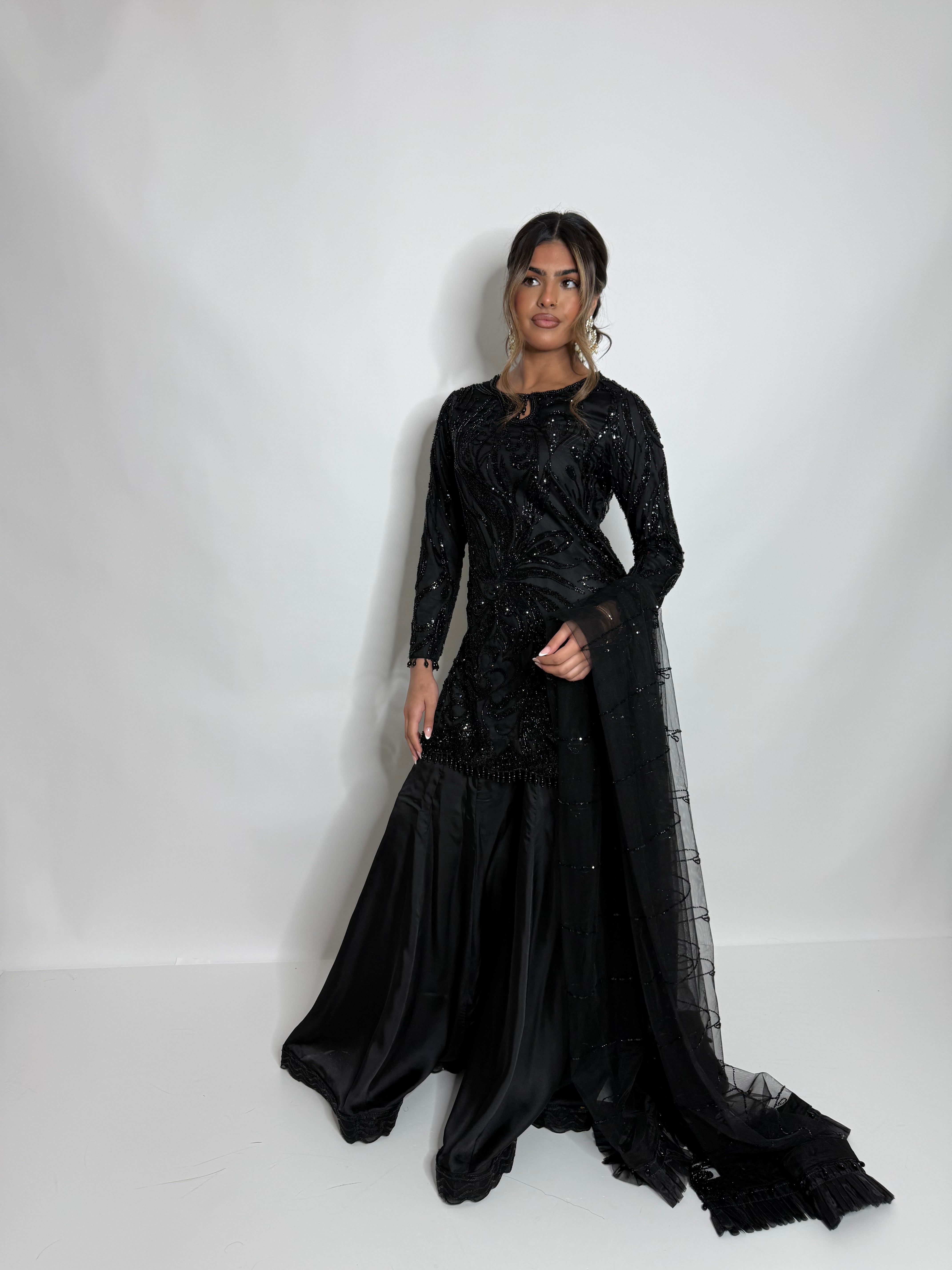 BLACK CUTDANA SHORT SHIRT SHARARA SUIT UK | THE ZAYELA NYX