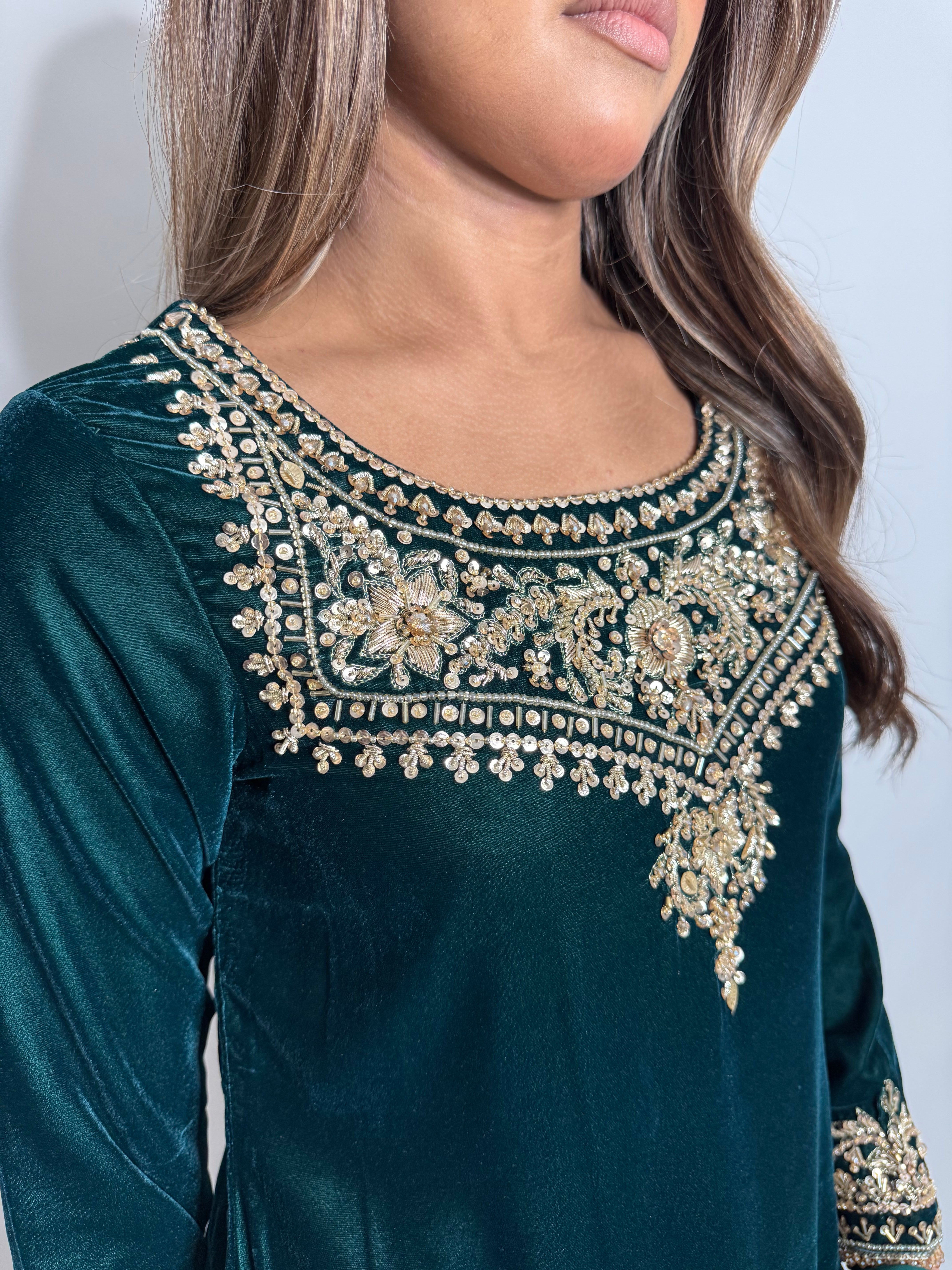 EMERALD MICRO VELVET SHARARA THREE PIECE SUIT UK | THE VARELLA