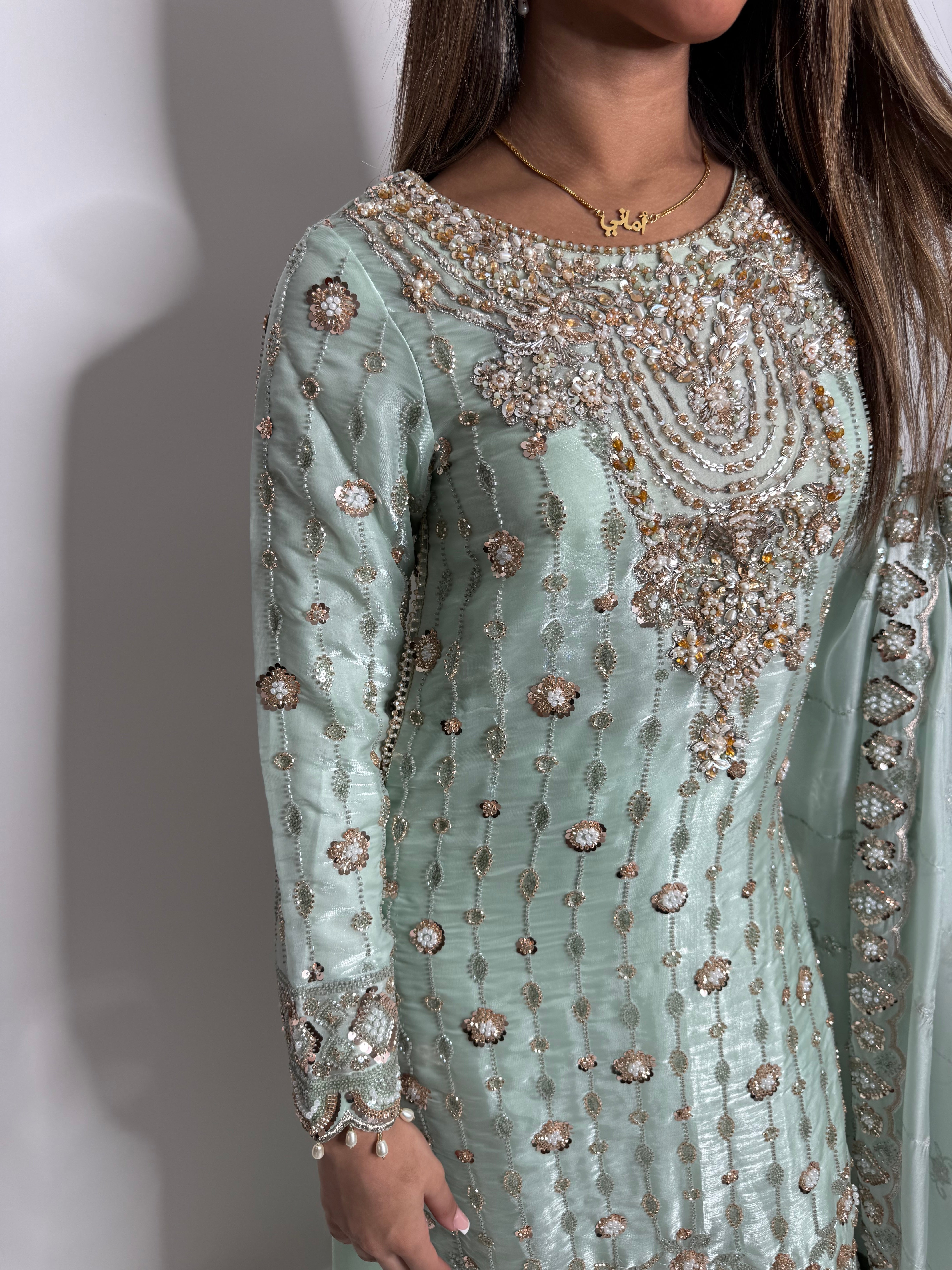 Parizay | Luxury Pakistani Mint Hand Embroidered Silk Sharara Suit UK | Eid, Wedding Guest & Party Wear