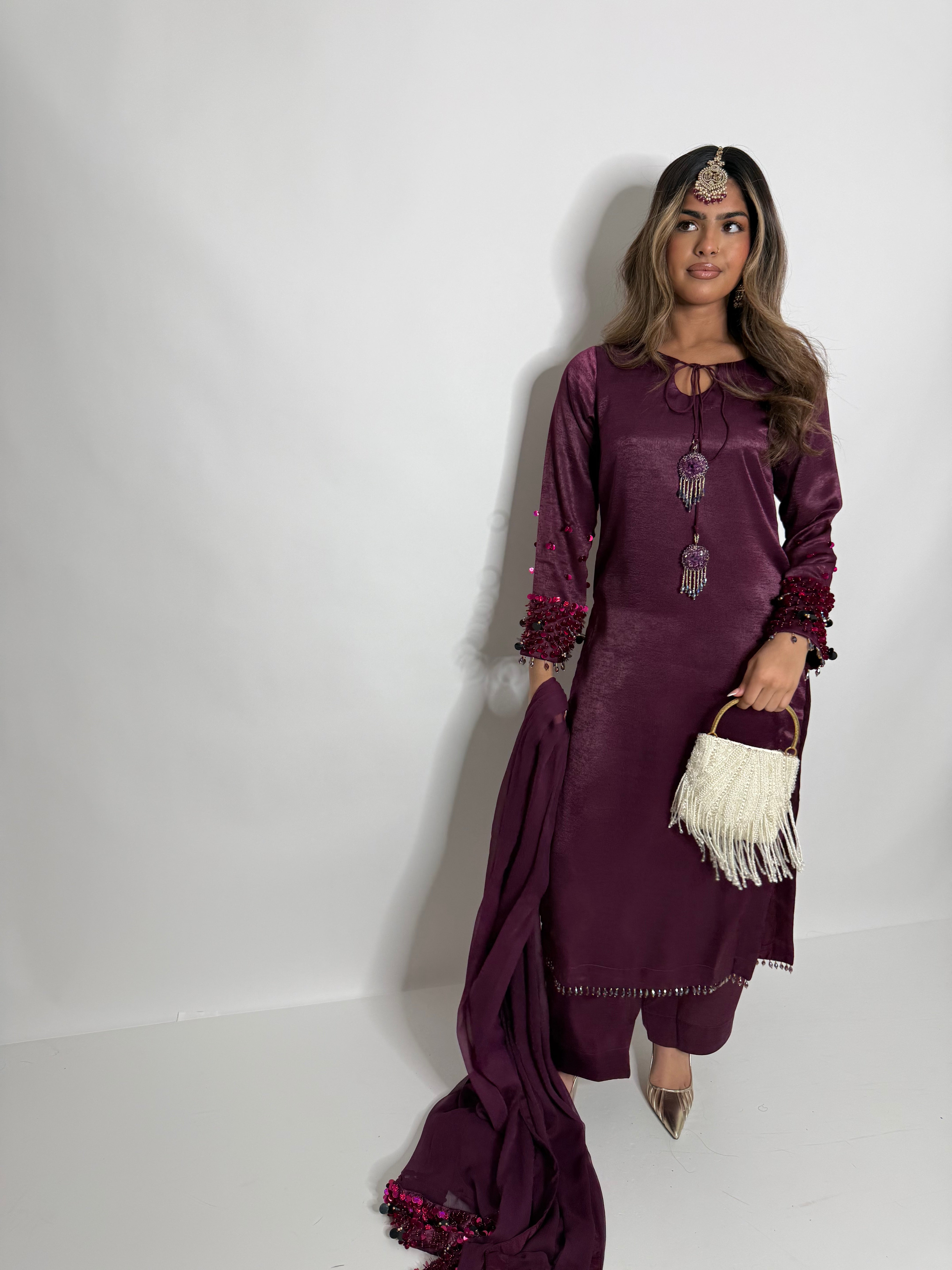 PLUM SILK THREE PIECE SUIT UK | THE MAHIRA VÉLOUR