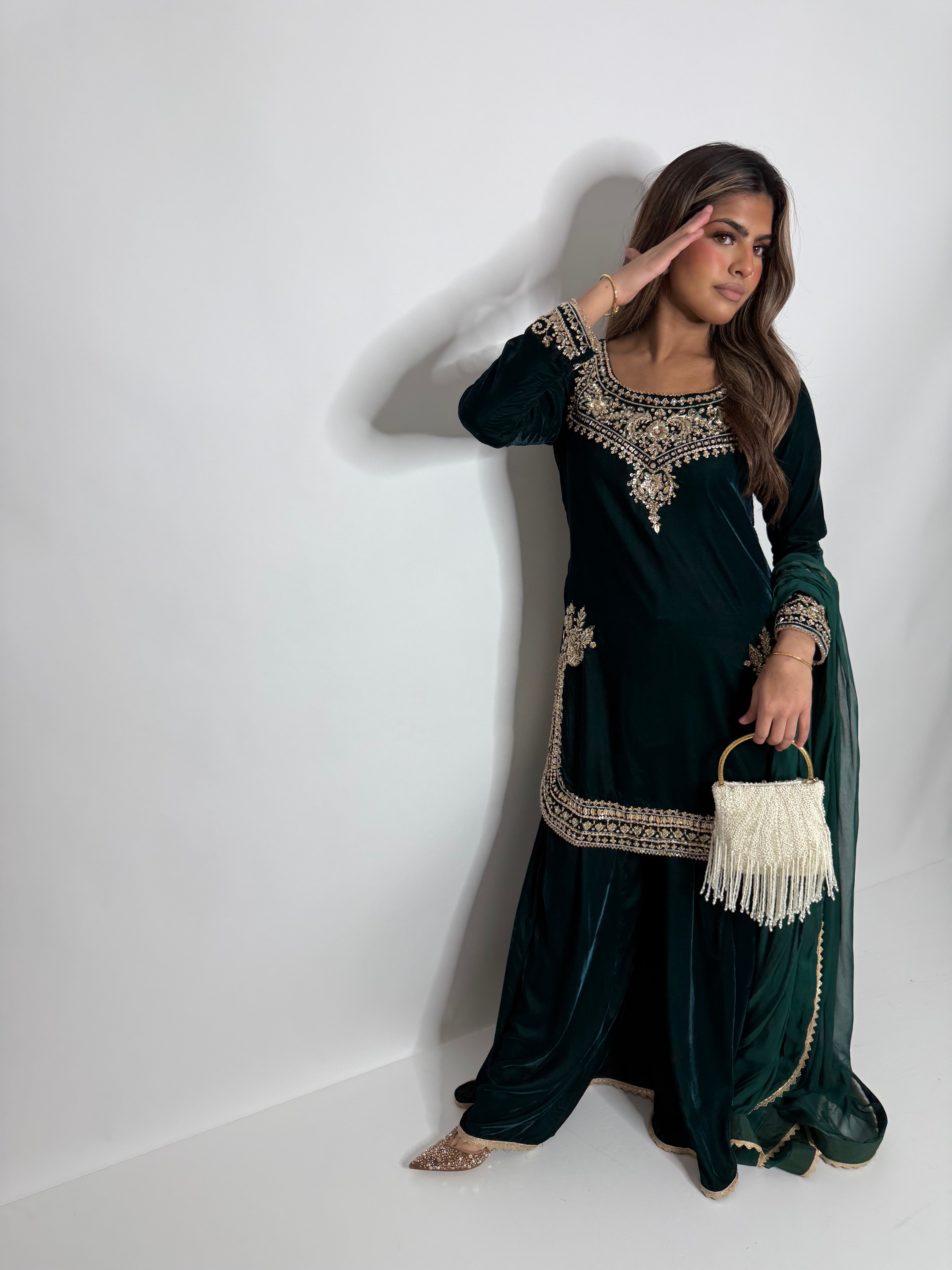 EMERALD MICRO VELVET SHARARA THREE PIECE SUIT UK | THE VARELLA
