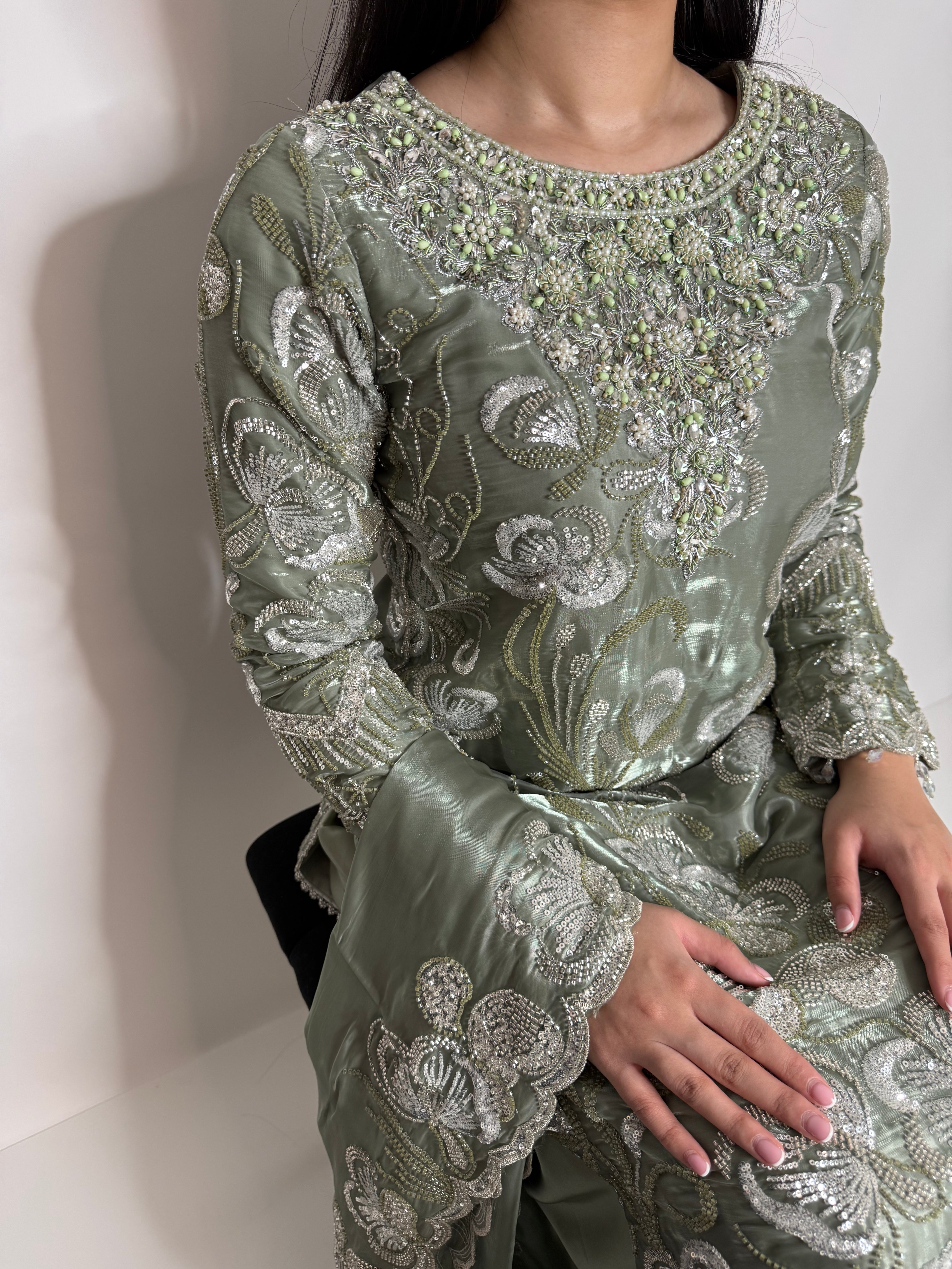 SAGE GREEN SILK CUTDANA THREE PIECE SUIT UK | THE LYSENNE