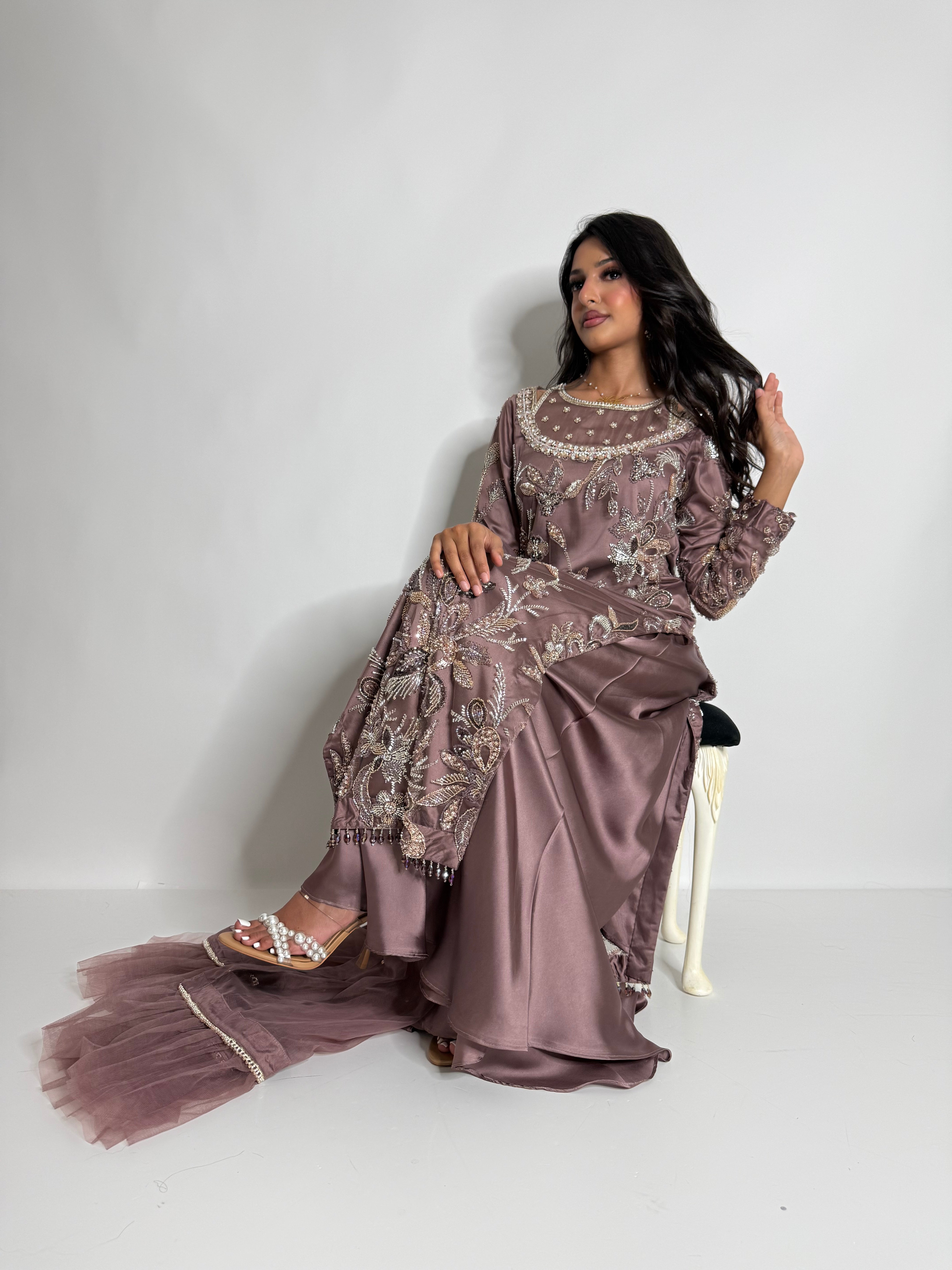 Noorzeba | Luxury Pakistani Cutdana Hand Embroidered Silk Sharara Suit UK | Wedding Guest, Eid & Party Wear