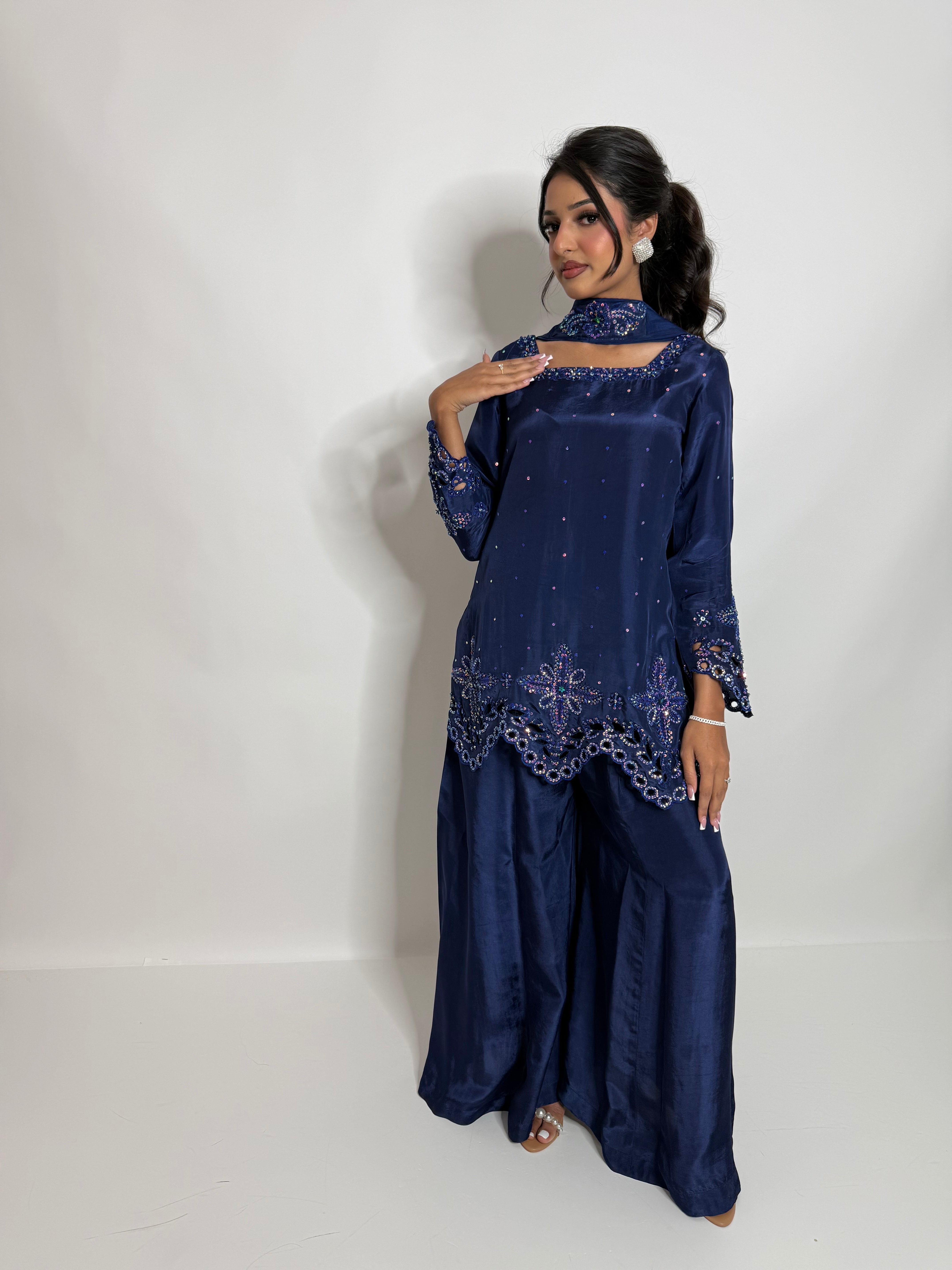 ZARMINA | Luxury Pakistani Navy Silk Sharara Suit UK | Wedding Guest, Eid & Formal Occasion Wear