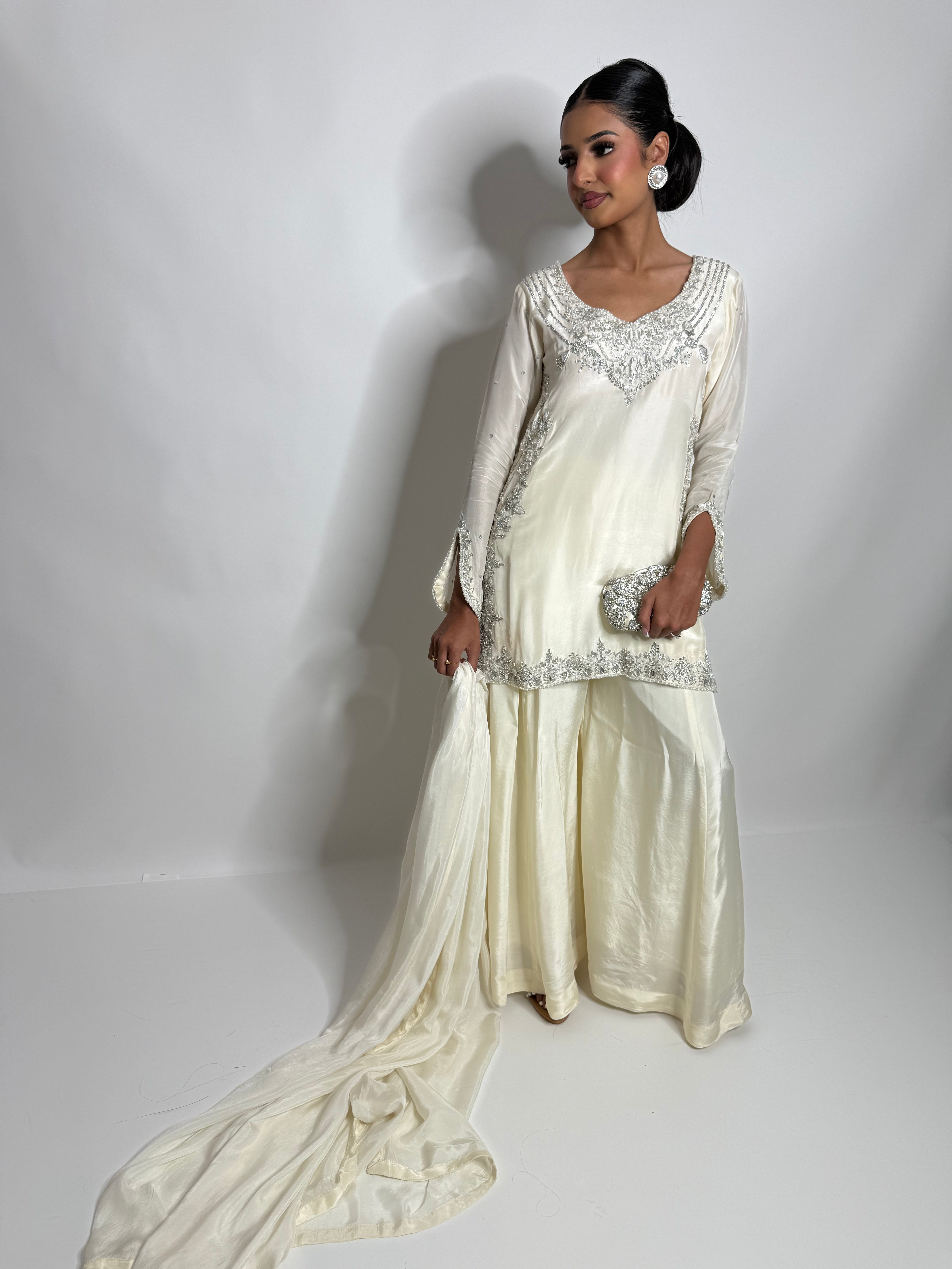 Elira | Luxury Pakistani Ivory Silk Sharara Suit UK | Y2K Wedding Guest Outfit