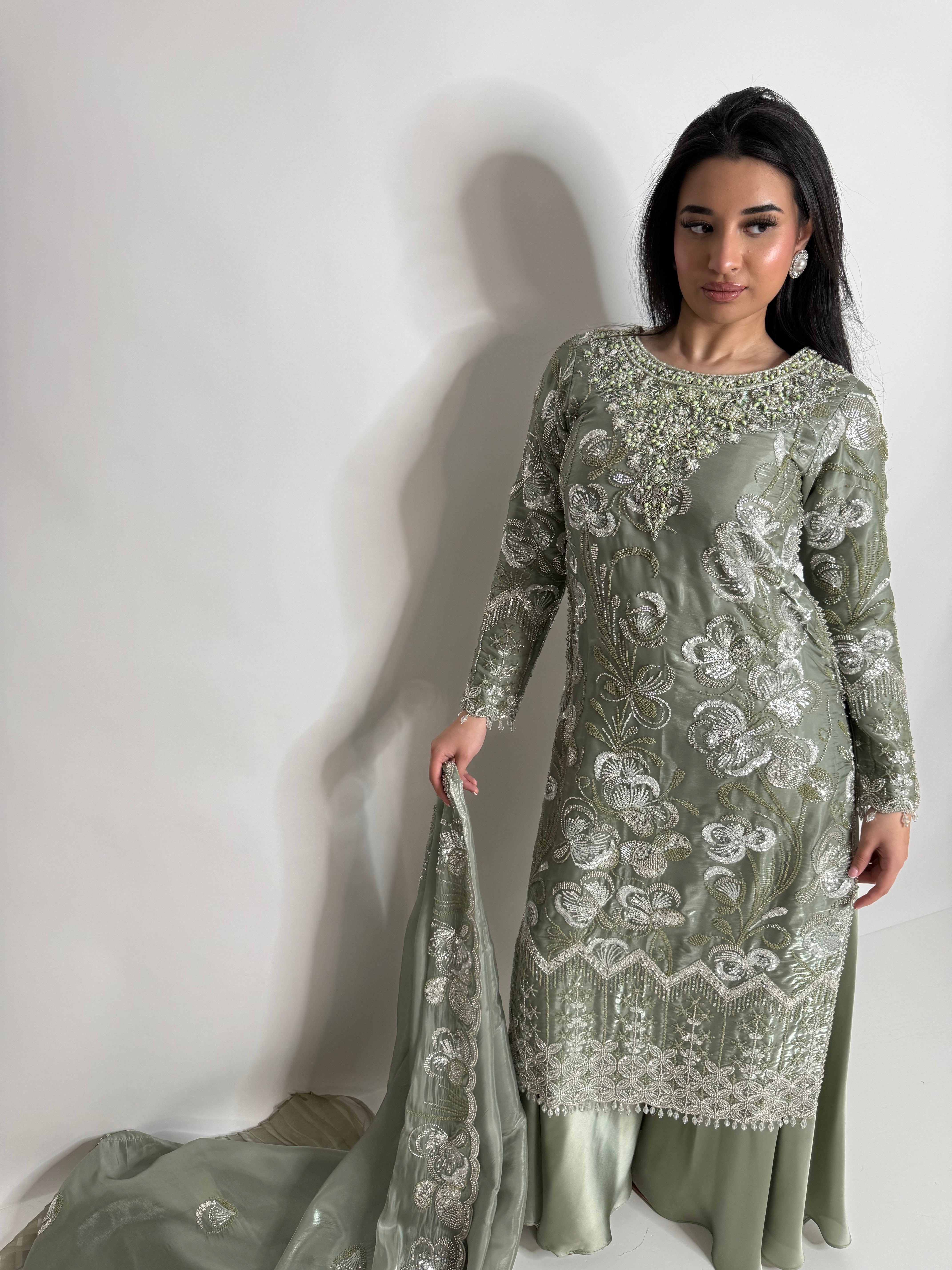 SAGE GREEN SILK CUTDANA THREE PIECE SUIT UK | THE LYSENNE