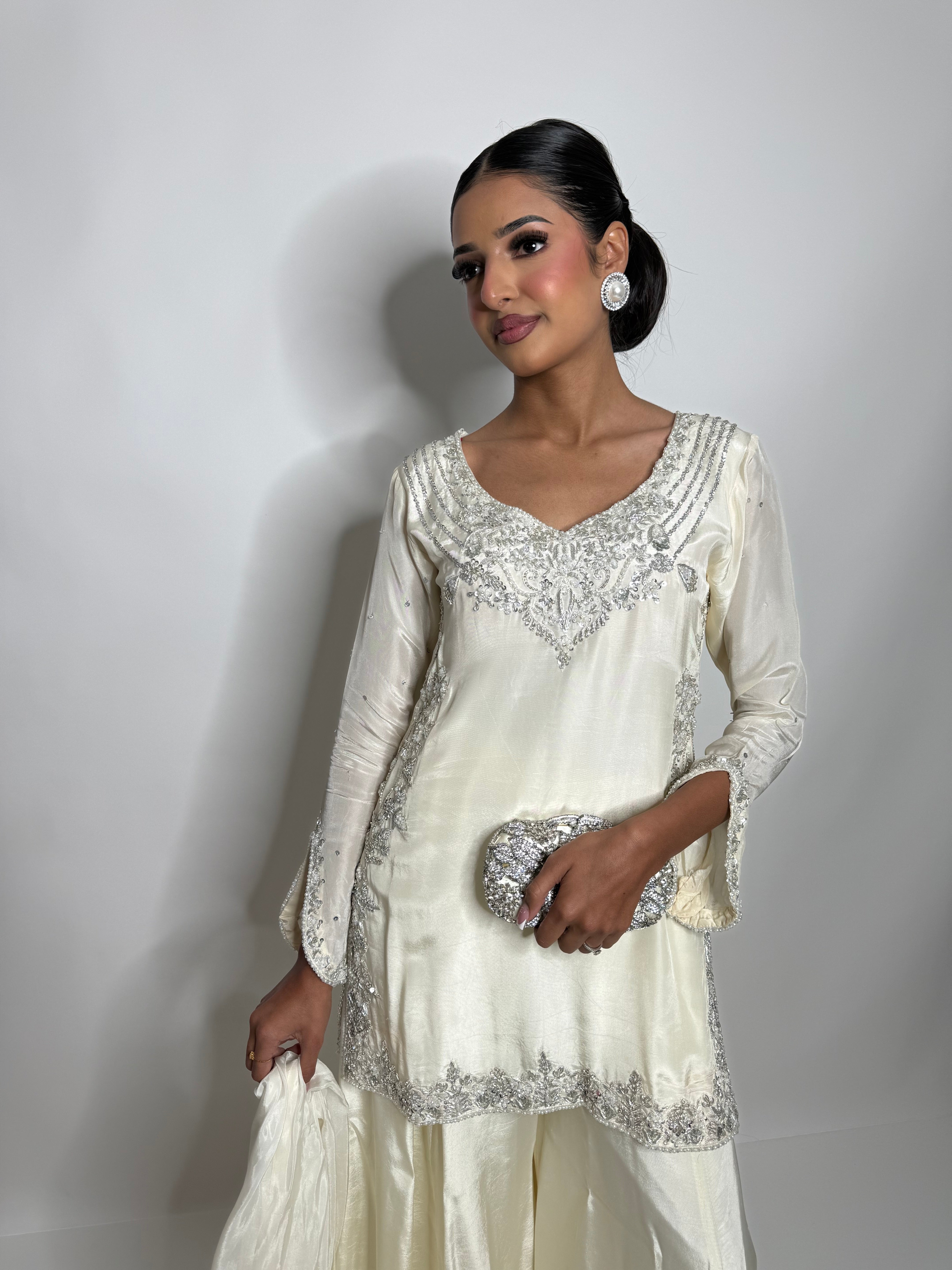 Elira | Luxury Pakistani Ivory Silk Sharara Suit UK | Y2K Wedding Guest Outfit