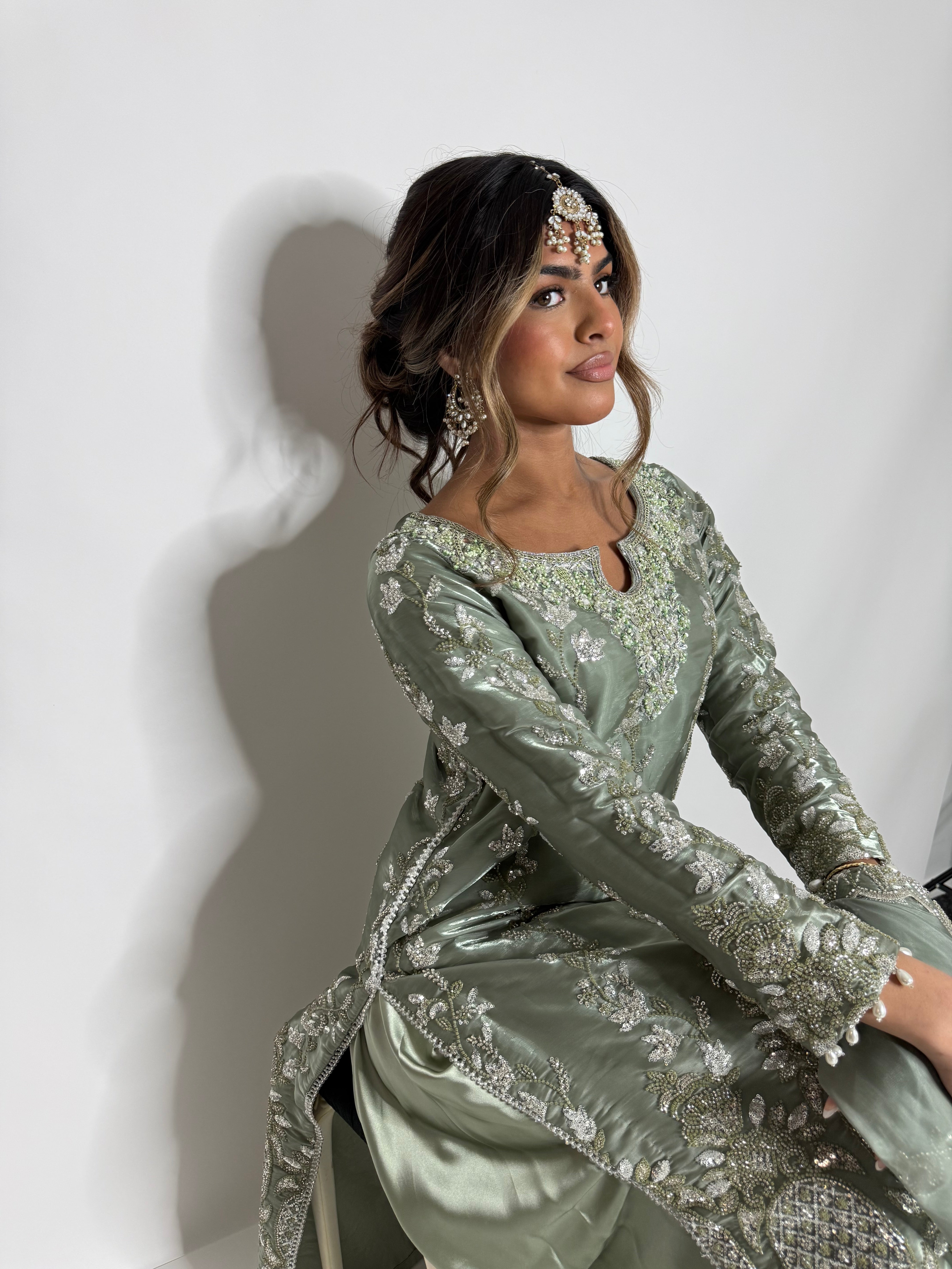 SAGE SILK EMBROIDERED THREE PIECE SUIT UK | THE ELYSIA VERDELLE