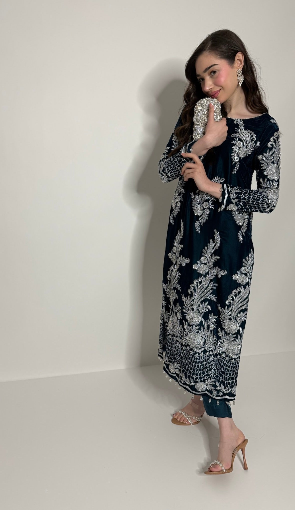 Regal Teal Nocturne | Cutdana Velvet Three Piece