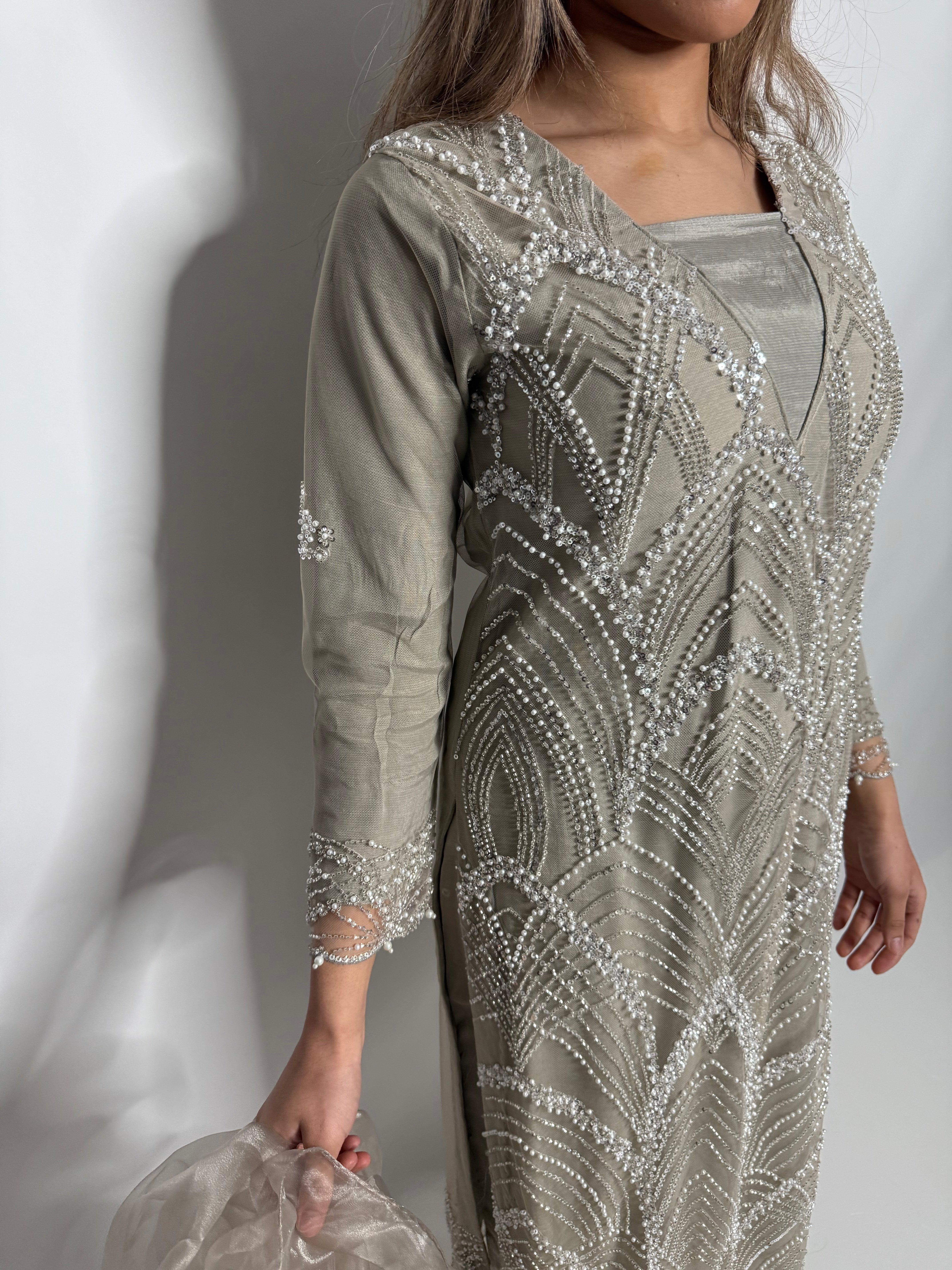 Silver Taupe Pearl Embellished Three Piece Suit UK | The Ameliyana Heirloom