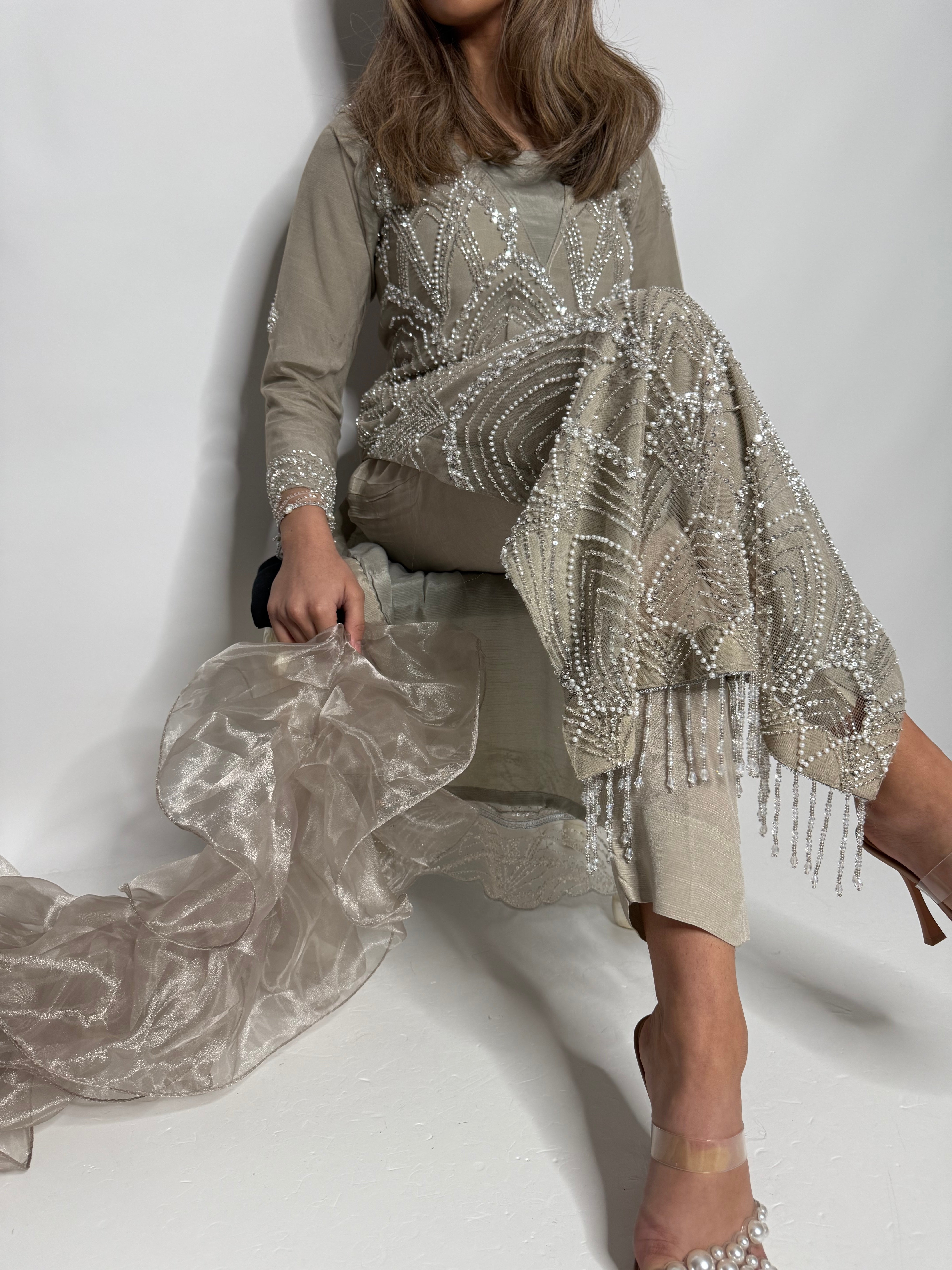 Silver Taupe Pearl Embellished Three Piece Suit UK | The Ameliyana Heirloom