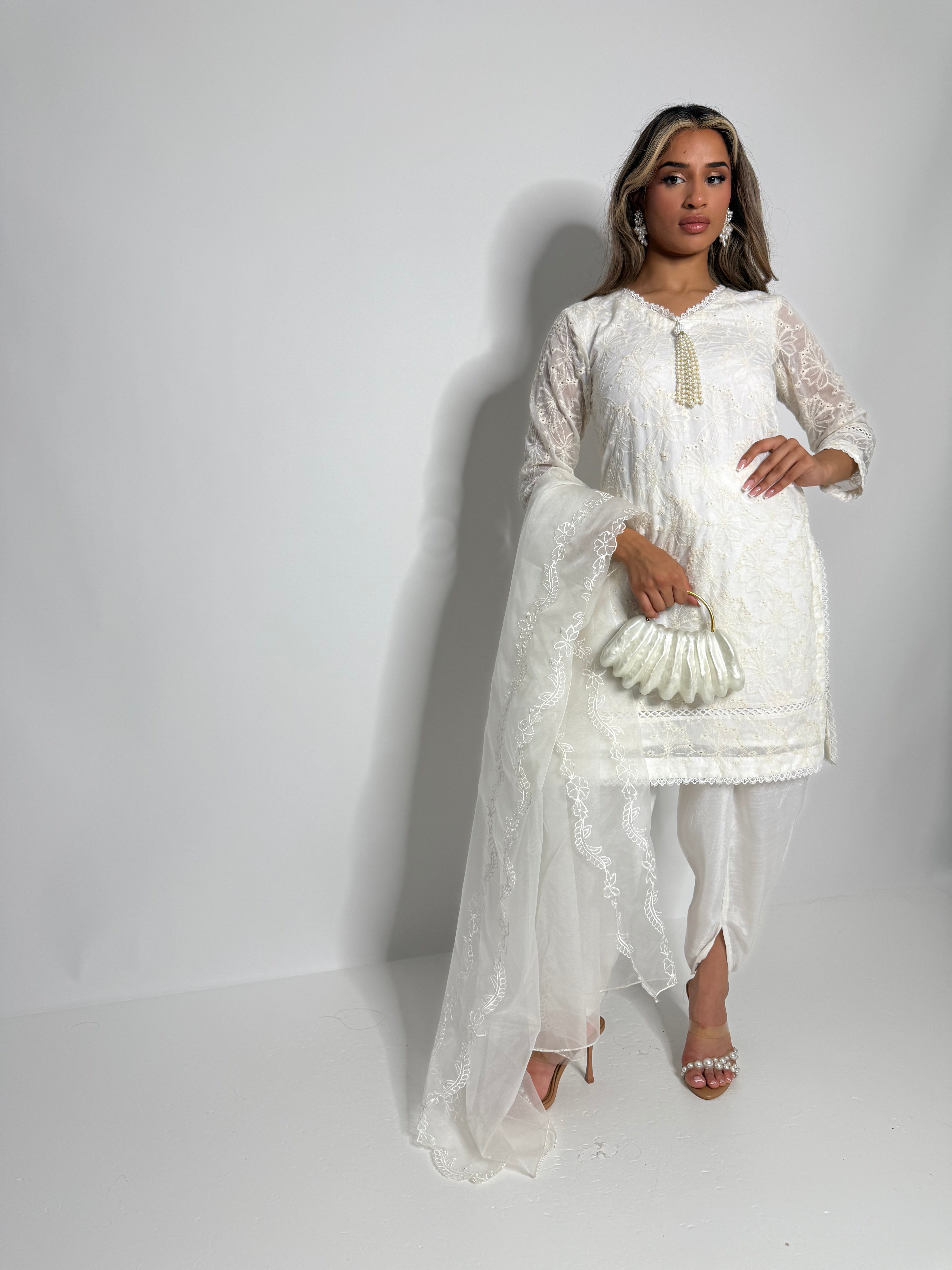 White Chikankari Three Piece Suit UK | The Belgravia Blanc