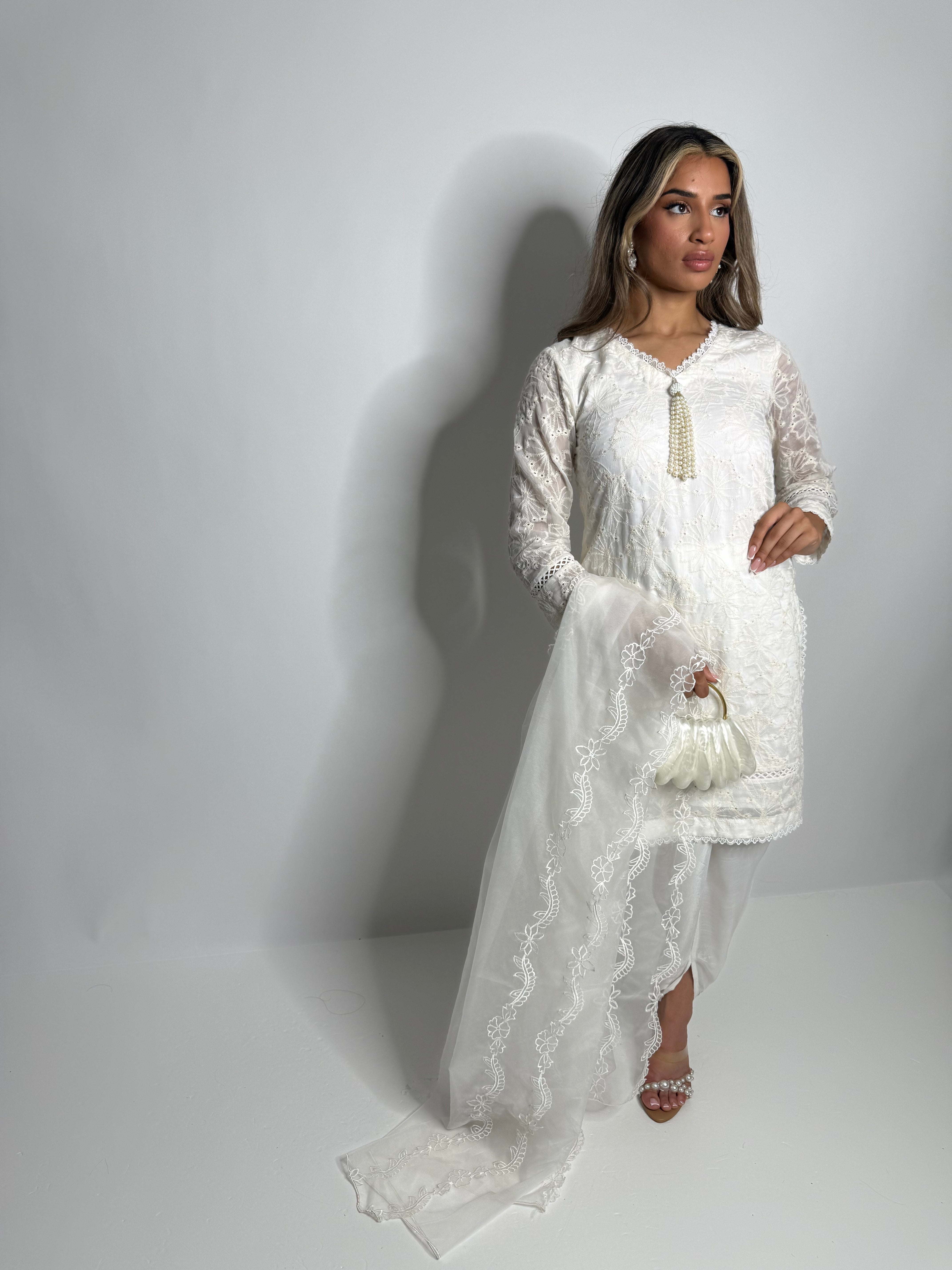 White Chikankari Three Piece Suit UK | The Belgravia Blanc