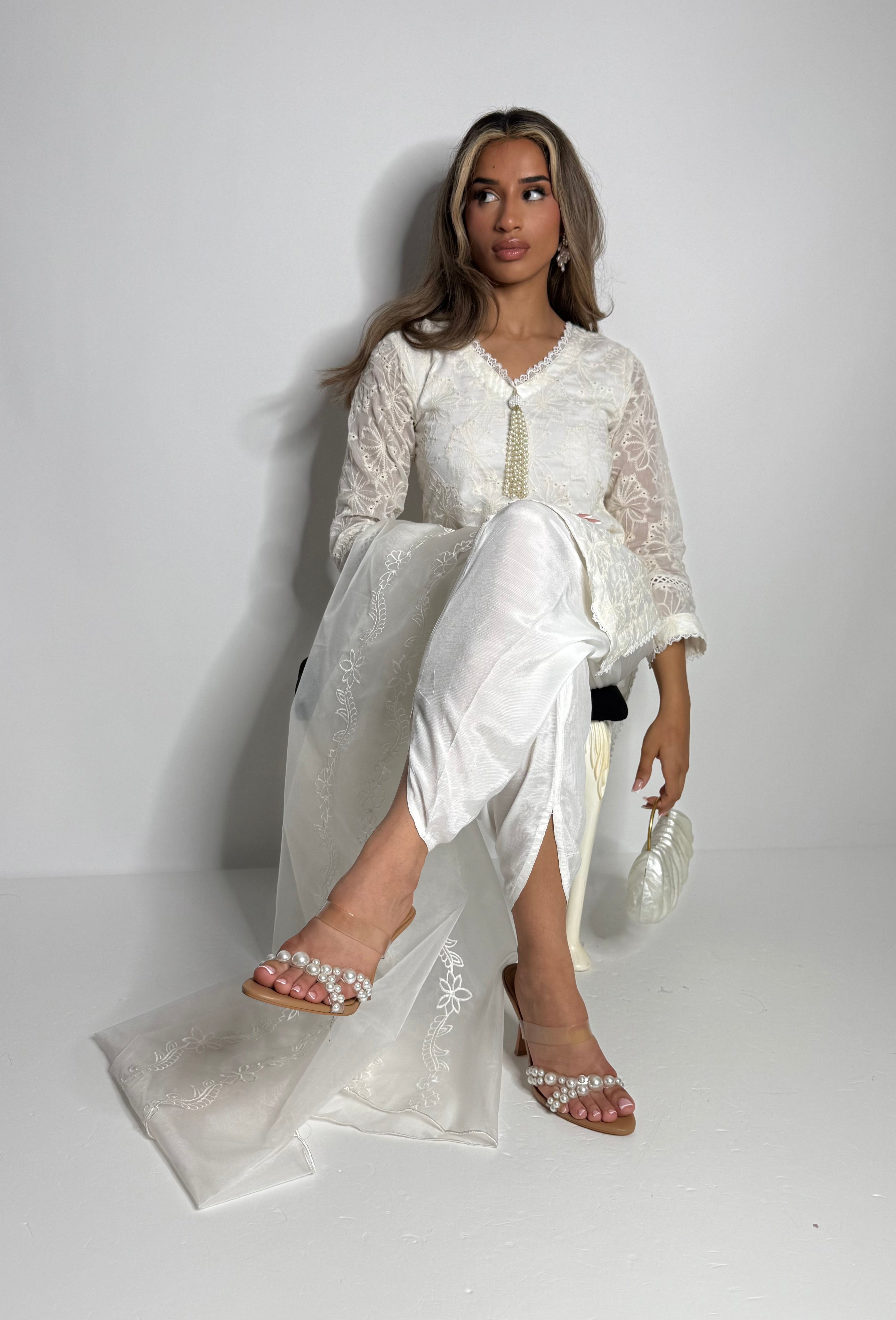 White Chikankari Three Piece Suit UK | The Belgravia Blanc