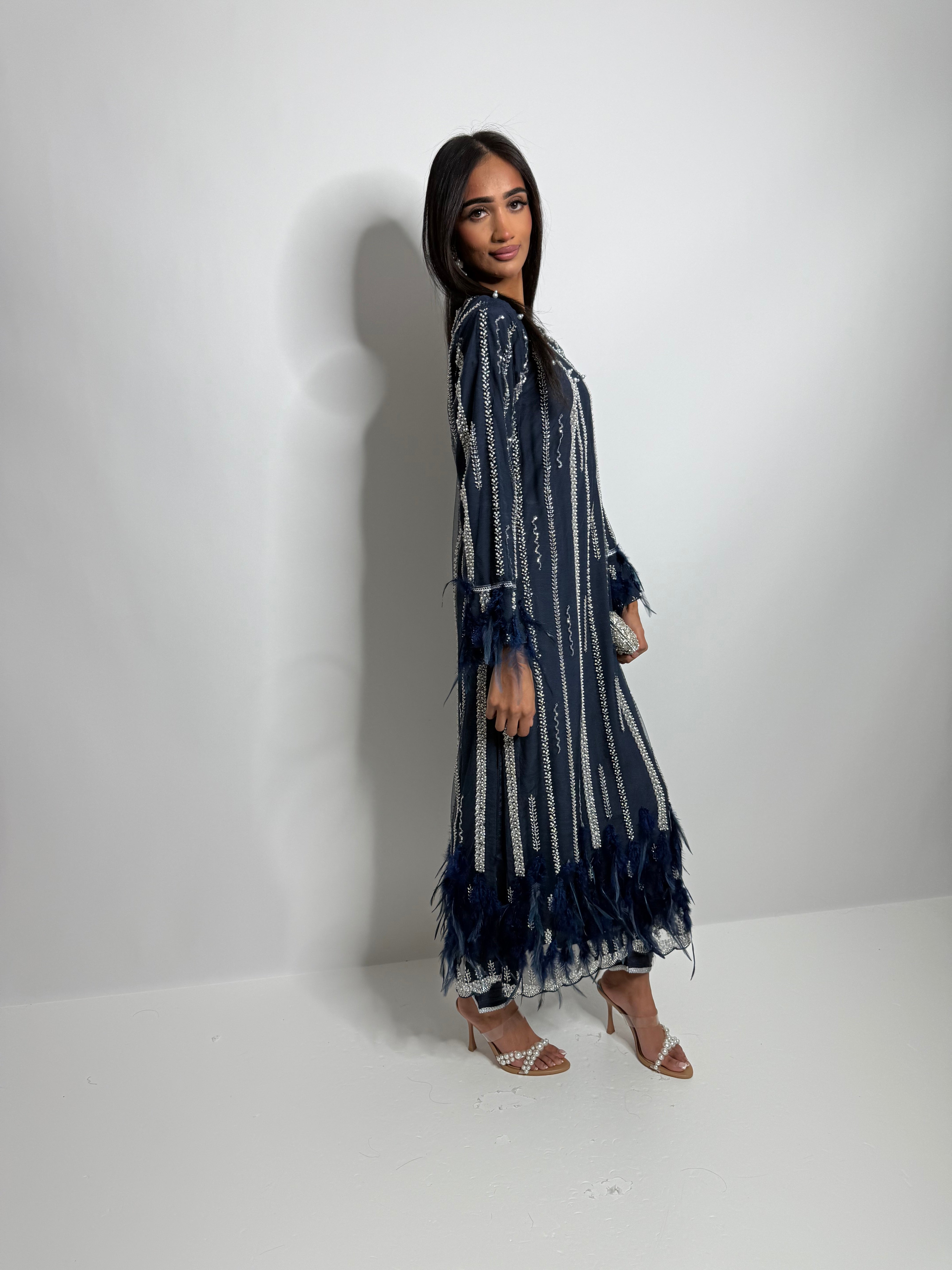Noctéva Navy | Feather Cutdana Embroidered Kameez Set (3 Piece)