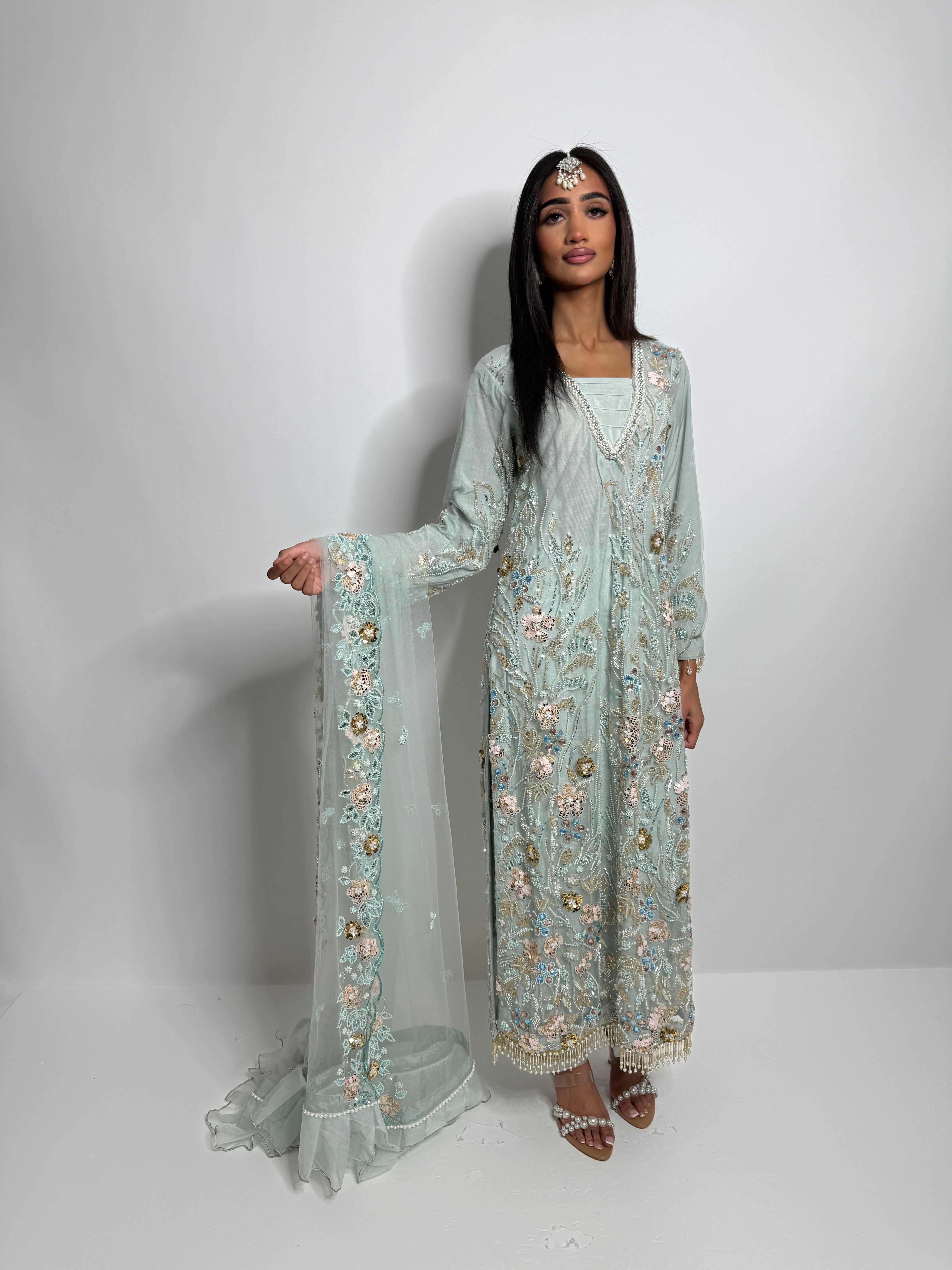 Celesté Mint | Luxury Cutdana Embroidered Kameez Set (3 Piece)