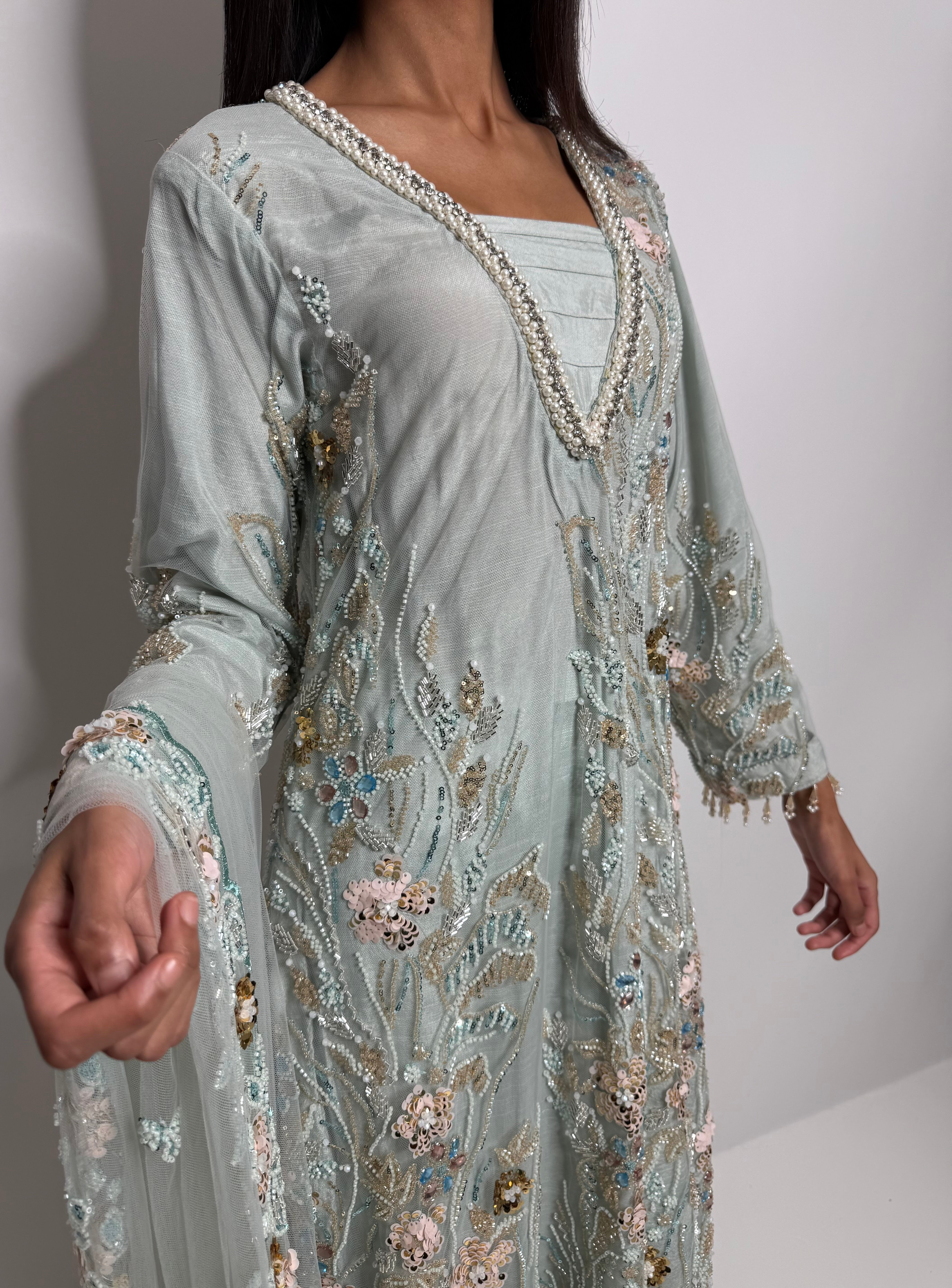 Celesté Mint | Luxury Cutdana Embroidered Kameez Set (3 Piece)