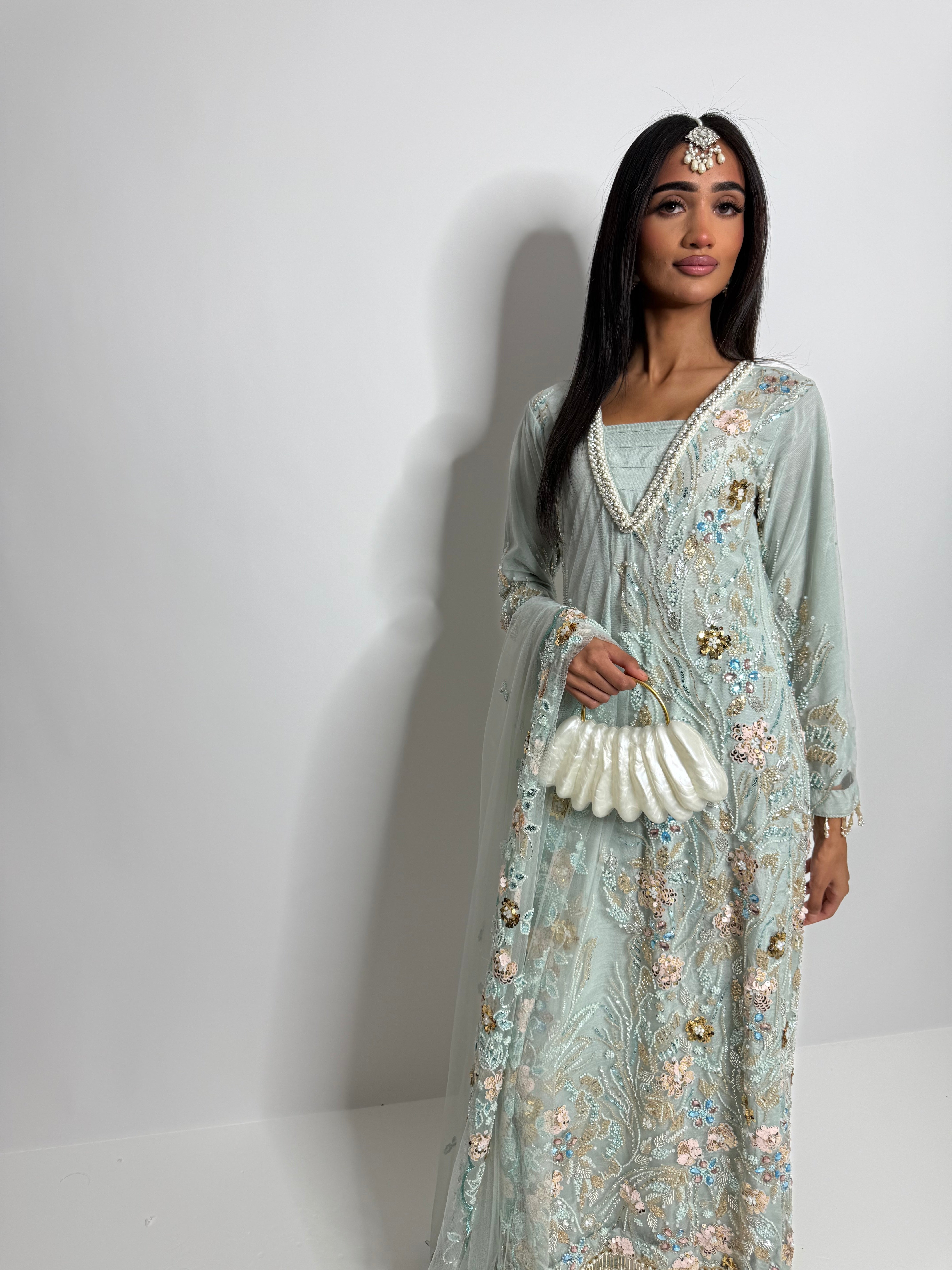 Celesté Mint | Luxury Cutdana Embroidered Kameez Set (3 Piece)