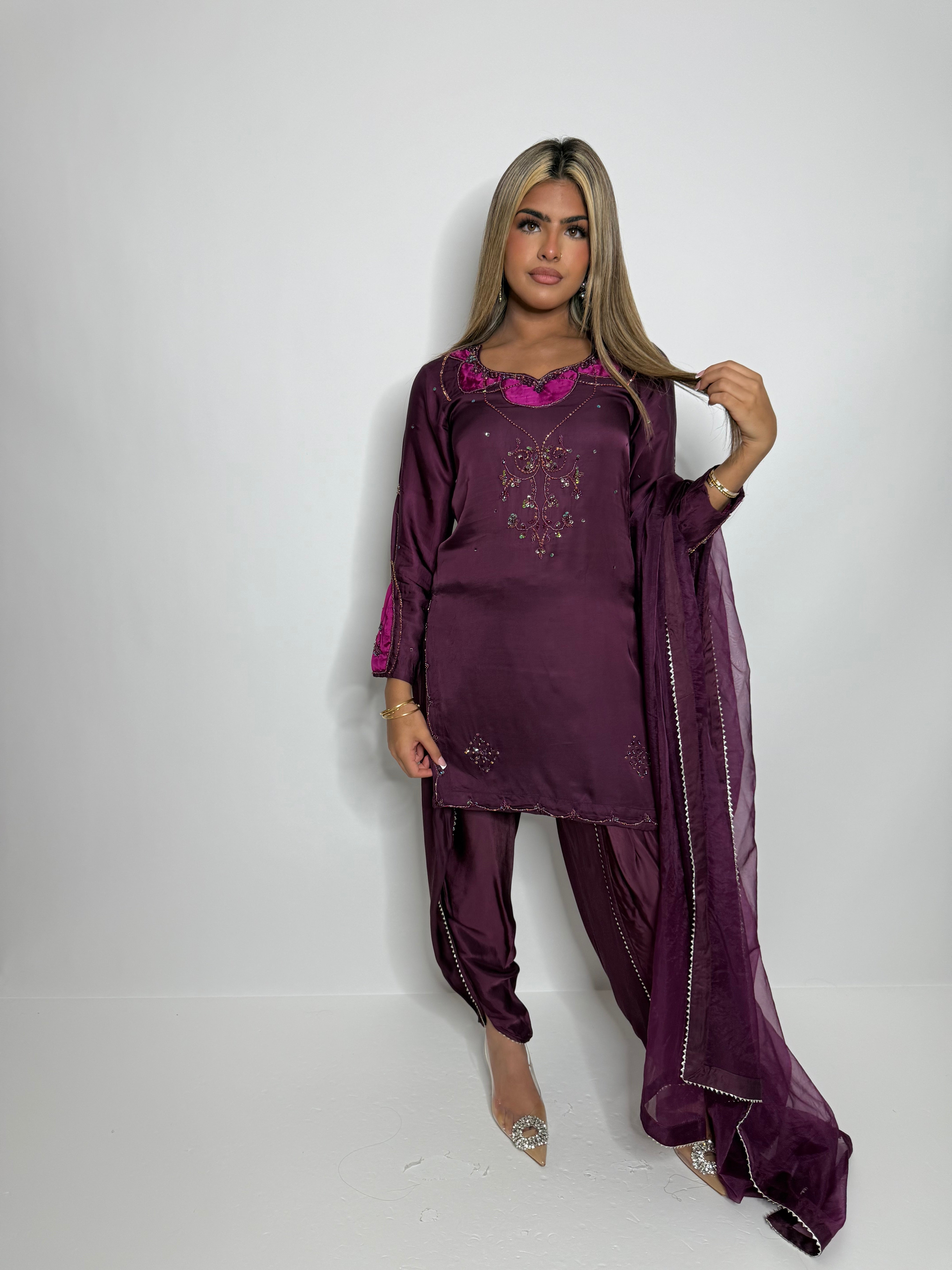 Plum Silk Tulip Suit UK | The Bordeaux Élan