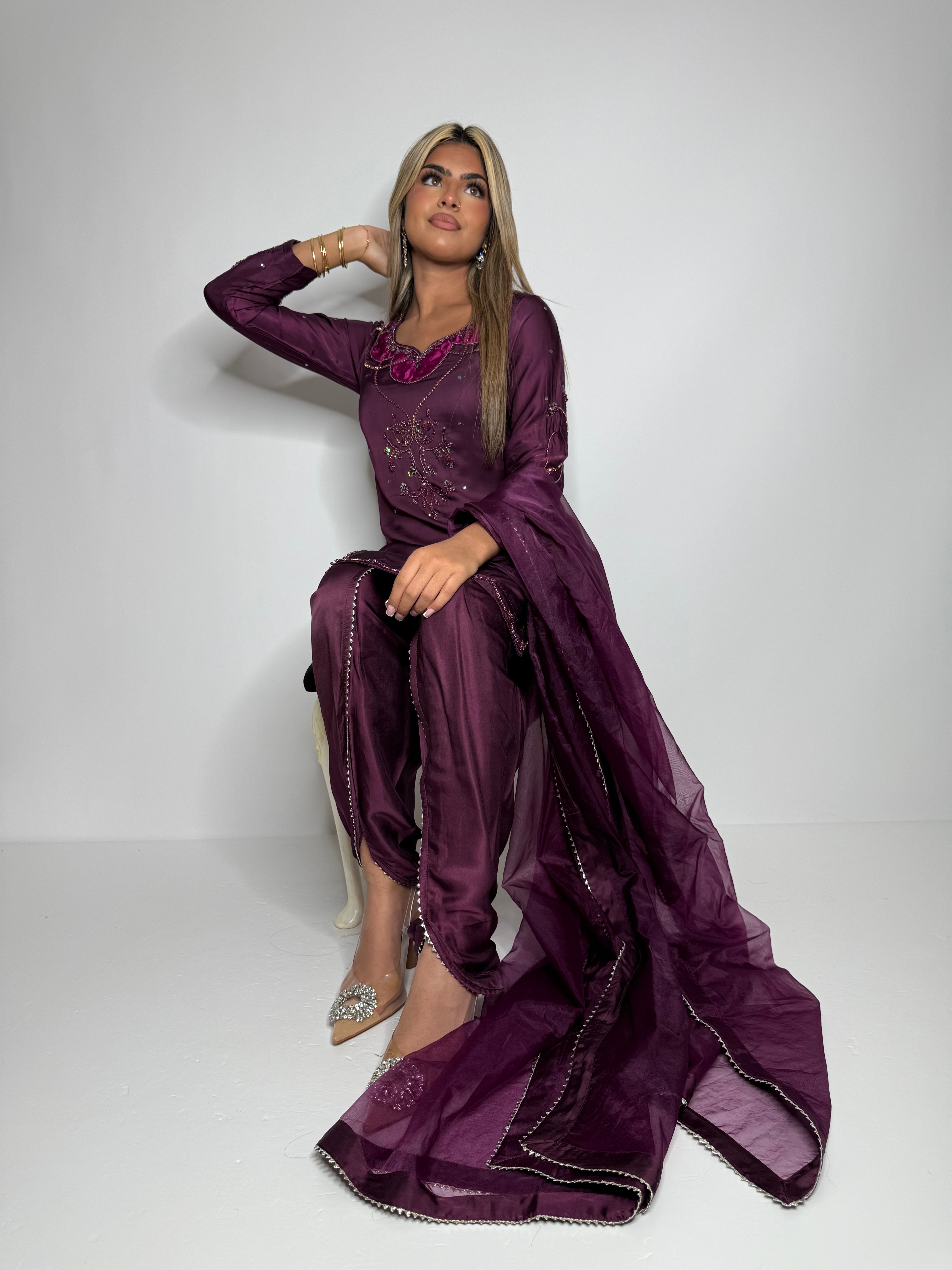 Plum Silk Tulip Suit UK | The Bordeaux Élan