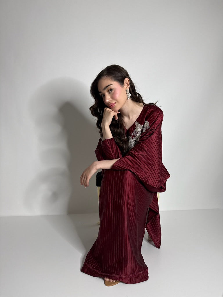 Two piece kaftan set styled with silk trousers, modest Eid and wedding guest outfit.