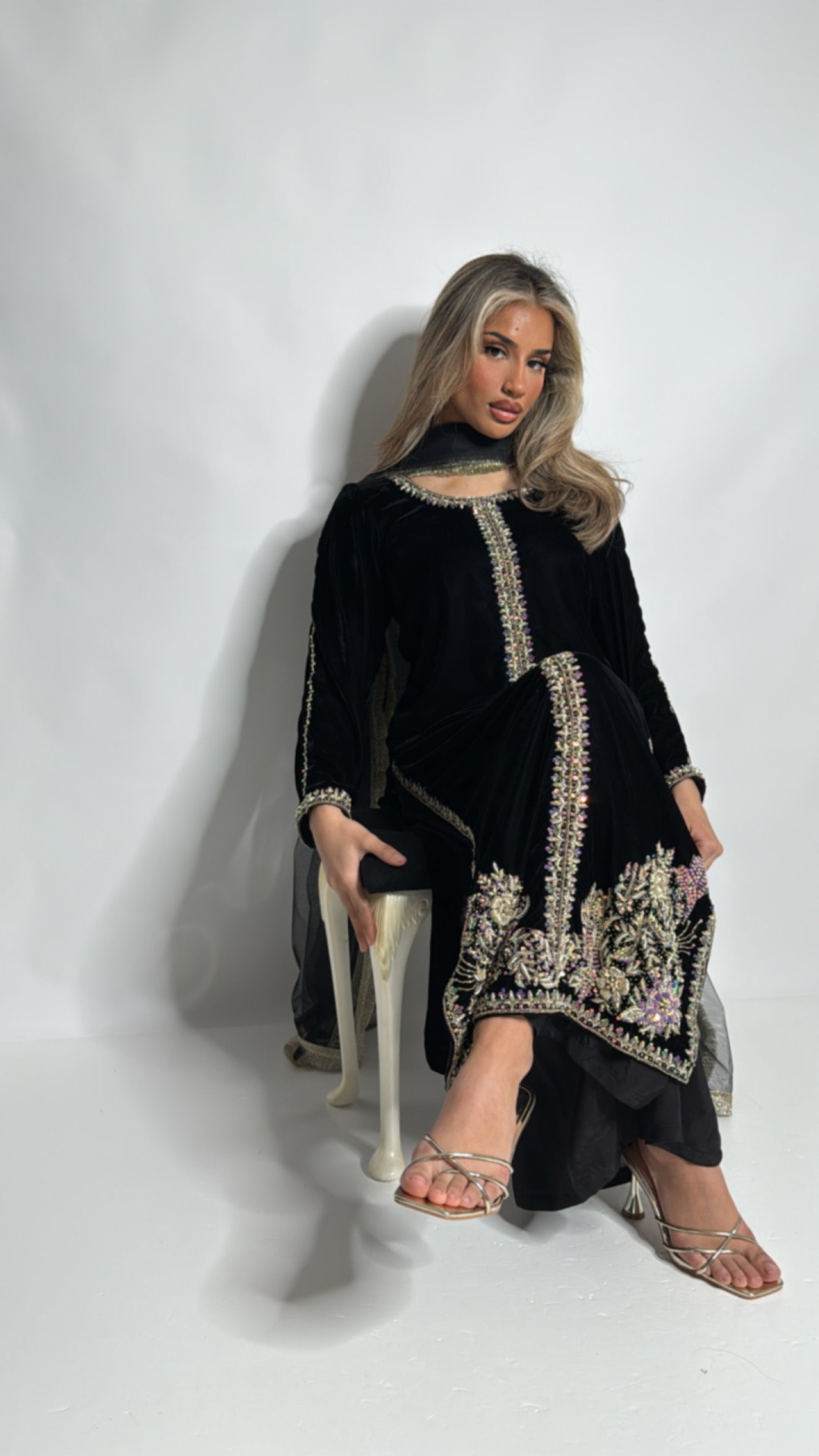 Black velvet embroidered three piece suit UK