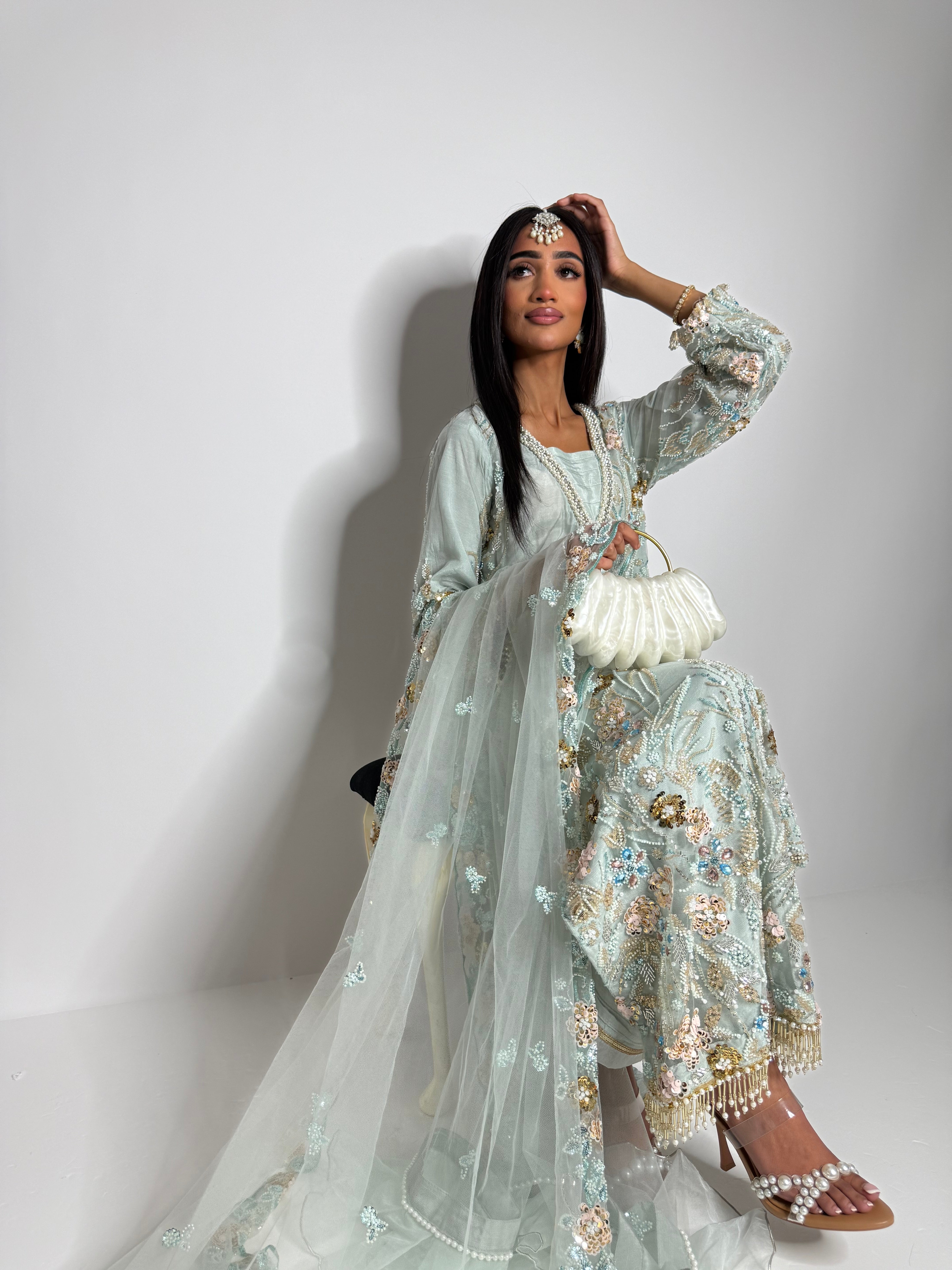 Front view of Celesté Mint fully embroidered cutdana kameez set for Eid and wedding guest styling.